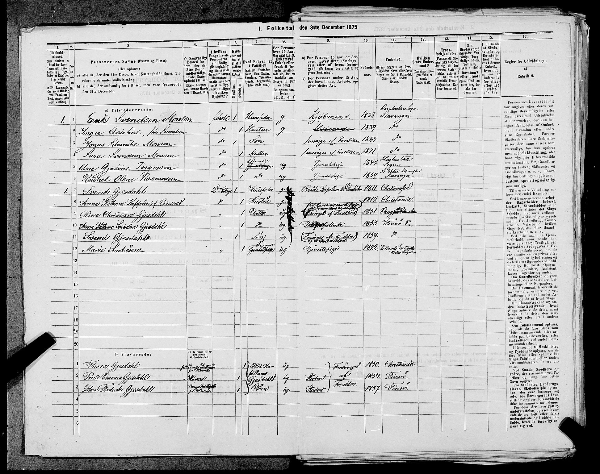 SAST, 1875 census for 1103 Stavanger, 1875, p. 6