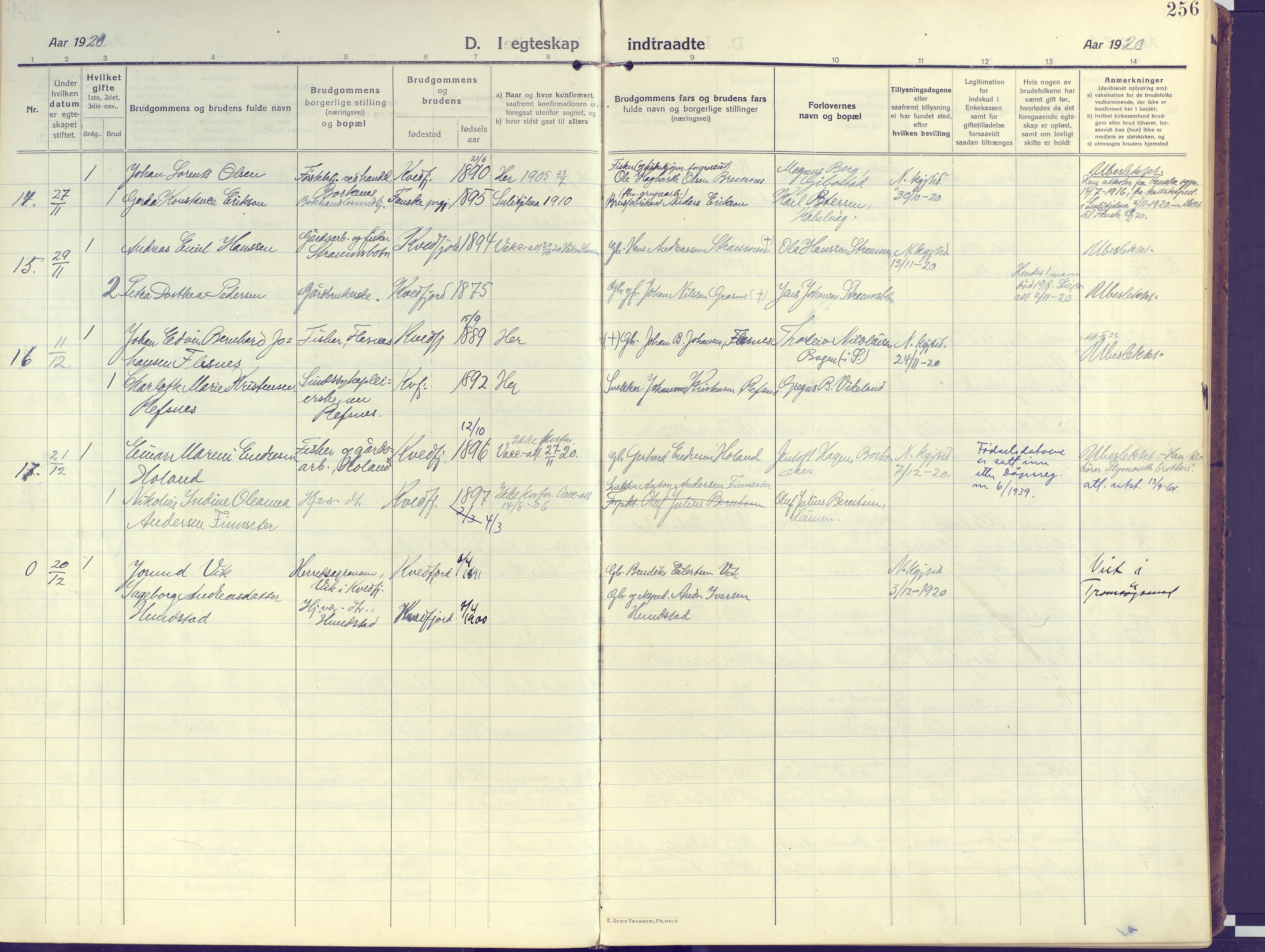 Kvæfjord sokneprestkontor, AV/SATØ-S-1323/G/Ga/Gaa/L0007kirke: Parish register (official) no. 7, 1915-1931, p. 256