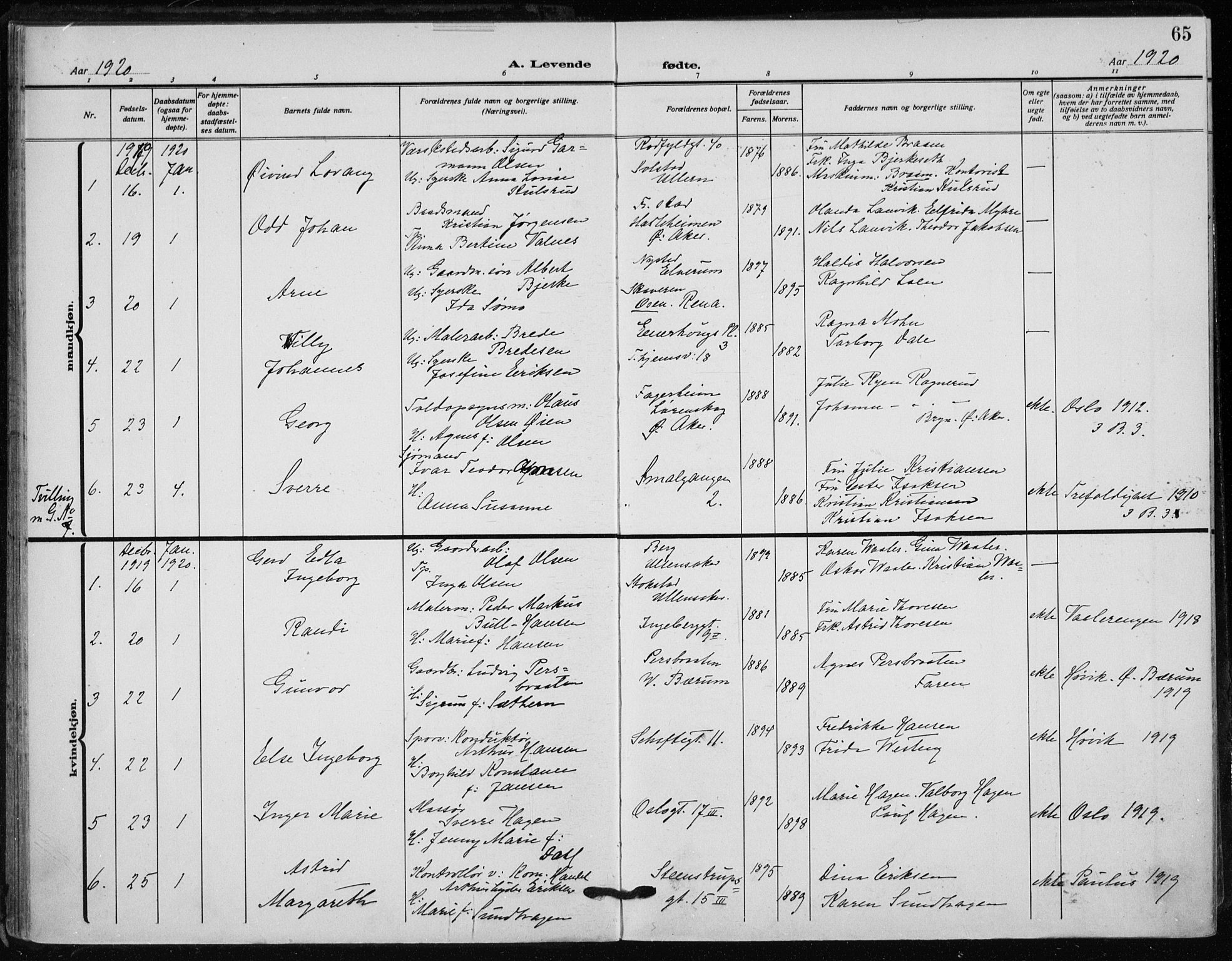 Rikshospitalet prestekontor Kirkebøker, SAO/A-10309b/F/L0017: Parish register (official) no. 17, 1919-1922, p. 65