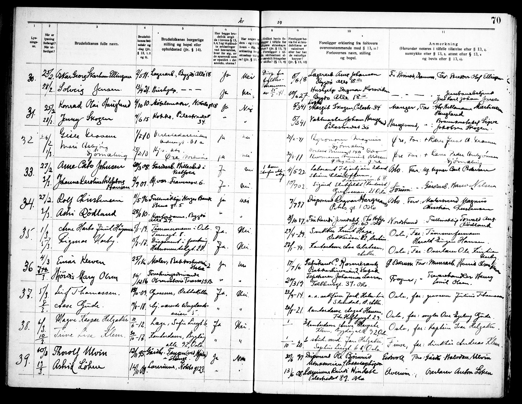 Frogner prestekontor Kirkebøker, SAO/A-10886/H/Ha/L0009: Banns register no. 9, 1938-1945, p. 70