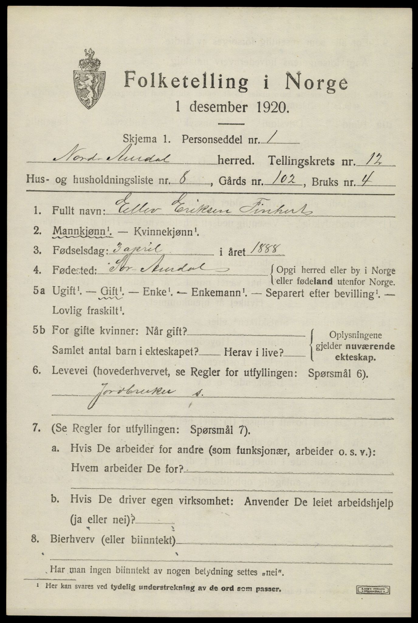 SAH, 1920 census for Nord-Aurdal, 1920, p. 9954