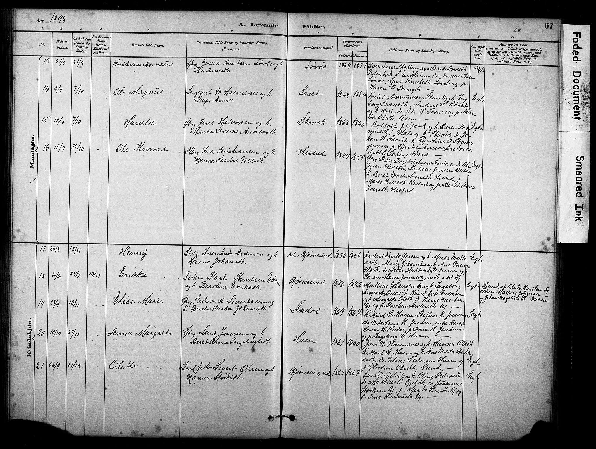 Ministerialprotokoller, klokkerbøker og fødselsregistre - Møre og Romsdal, SAT/A-1454/565/L0755: Parish register (copy) no. 565C04, 1883-1903, p. 67