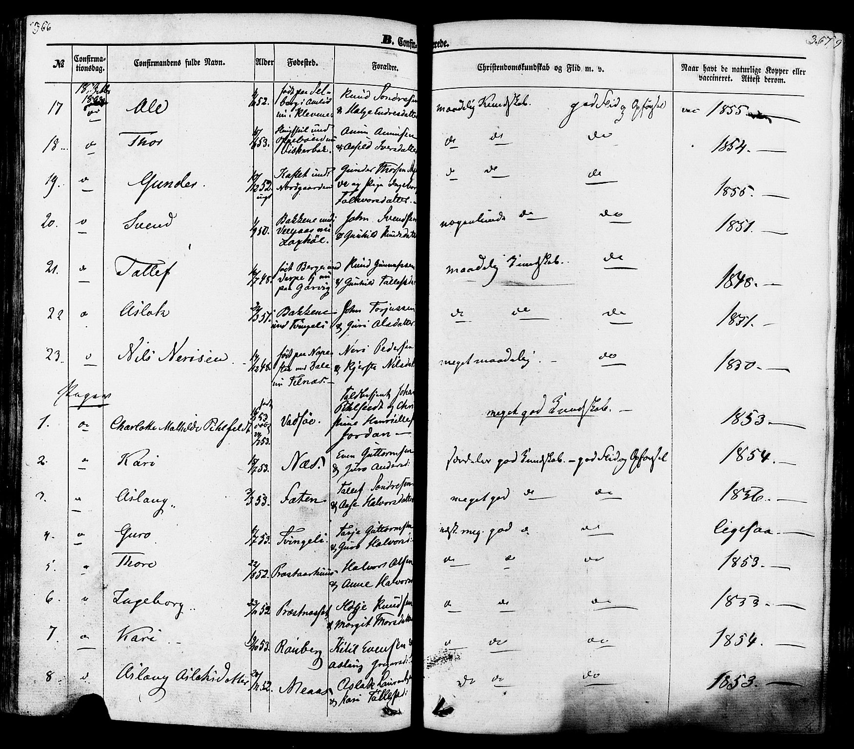 Seljord kirkebøker, AV/SAKO-A-20/F/Fa/L0013: Parish register (official) no. I 13, 1866-1876, p. 366-367