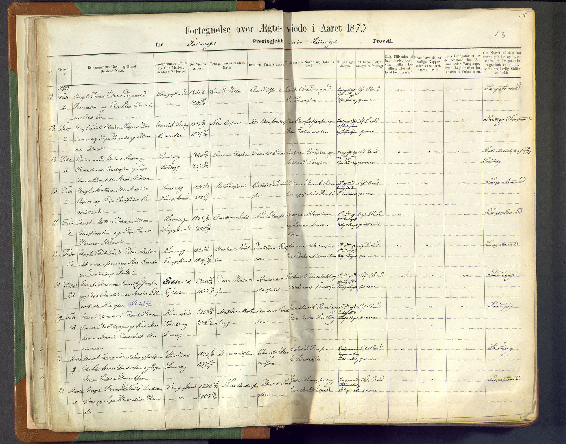 Larvik kirkebøker, SAKO/A-352/F/Fa/L0007: Parish register (official) no. I 7, 1871-1883, p. 13