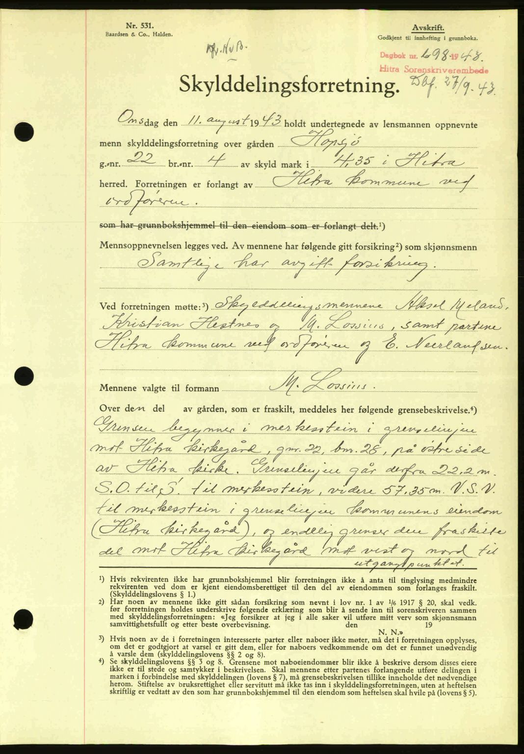 Hitra sorenskriveri, AV/SAT-A-0018/2/2C/2Ca: Mortgage book no. A2, 1943-1945, Diary no: : 698/1943