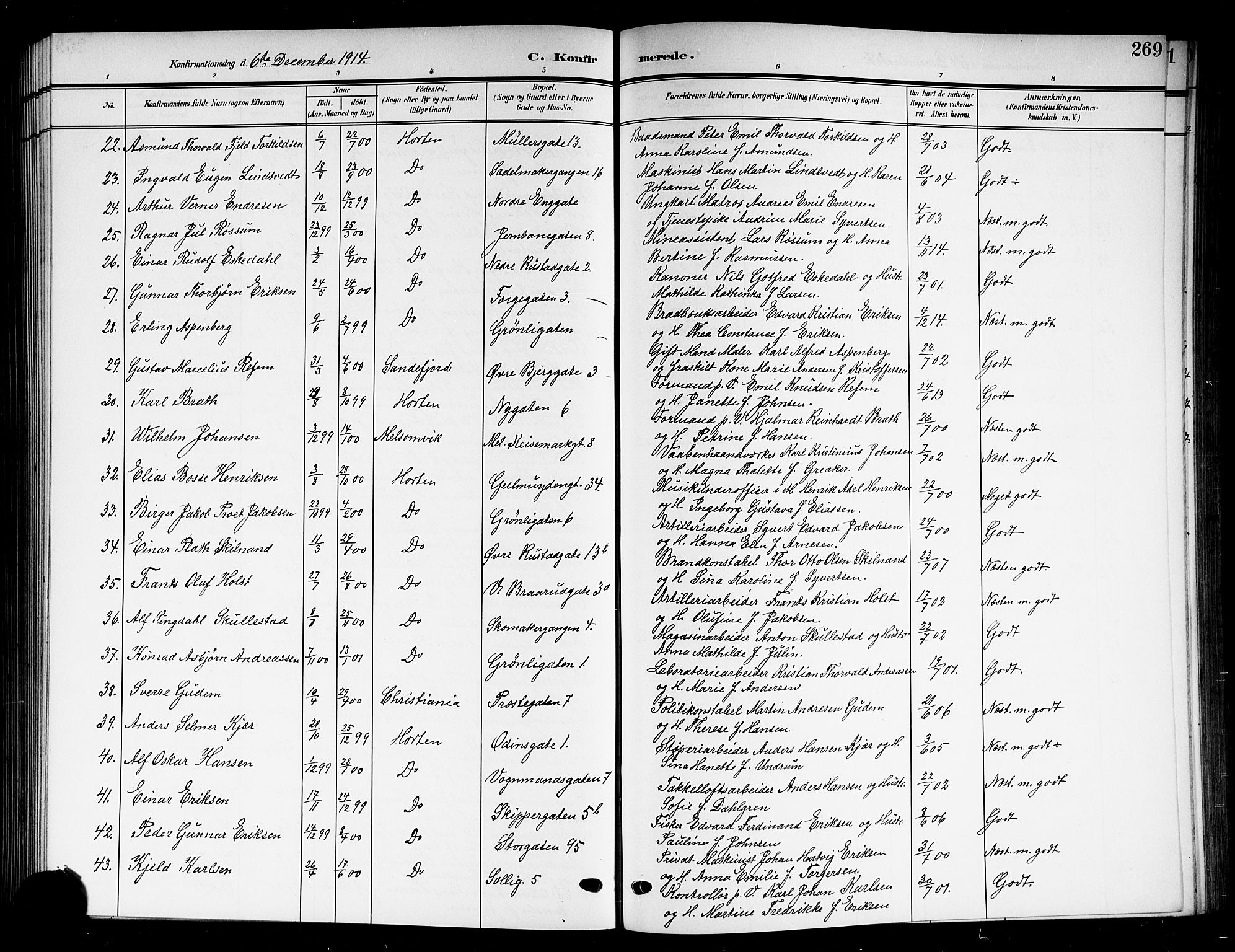 Horten kirkebøker, AV/SAKO-A-348/G/Ga/L0007: Parish register (copy) no. 7, 1905-1915, p. 269