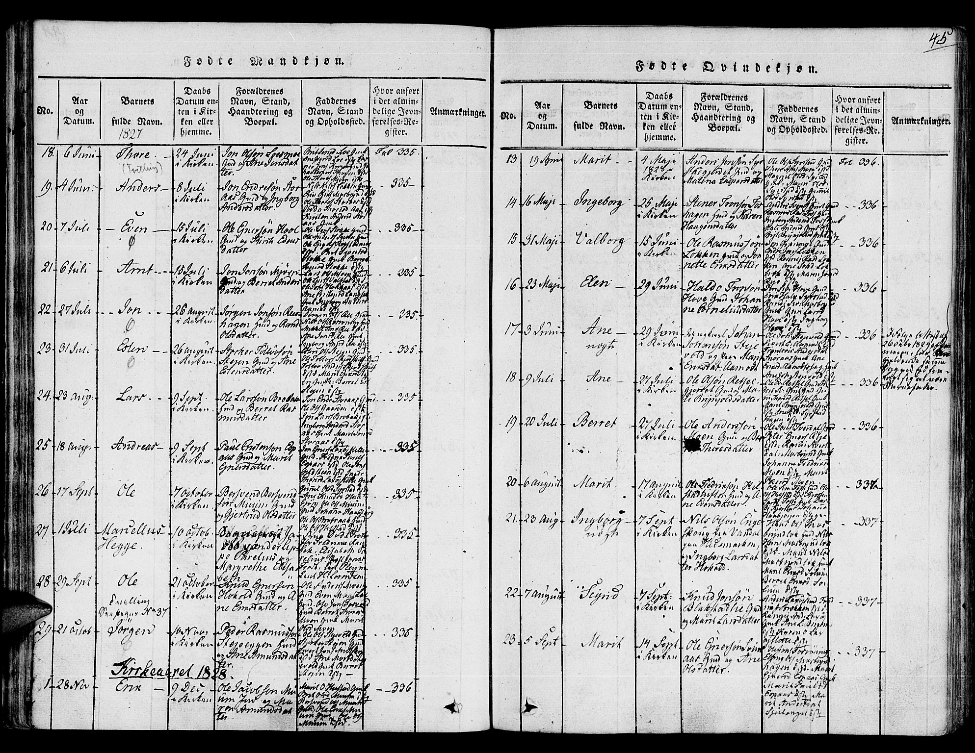 Ministerialprotokoller, klokkerbøker og fødselsregistre - Sør-Trøndelag, SAT/A-1456/672/L0853: Parish register (official) no. 672A06 /1, 1816-1829, p. 45