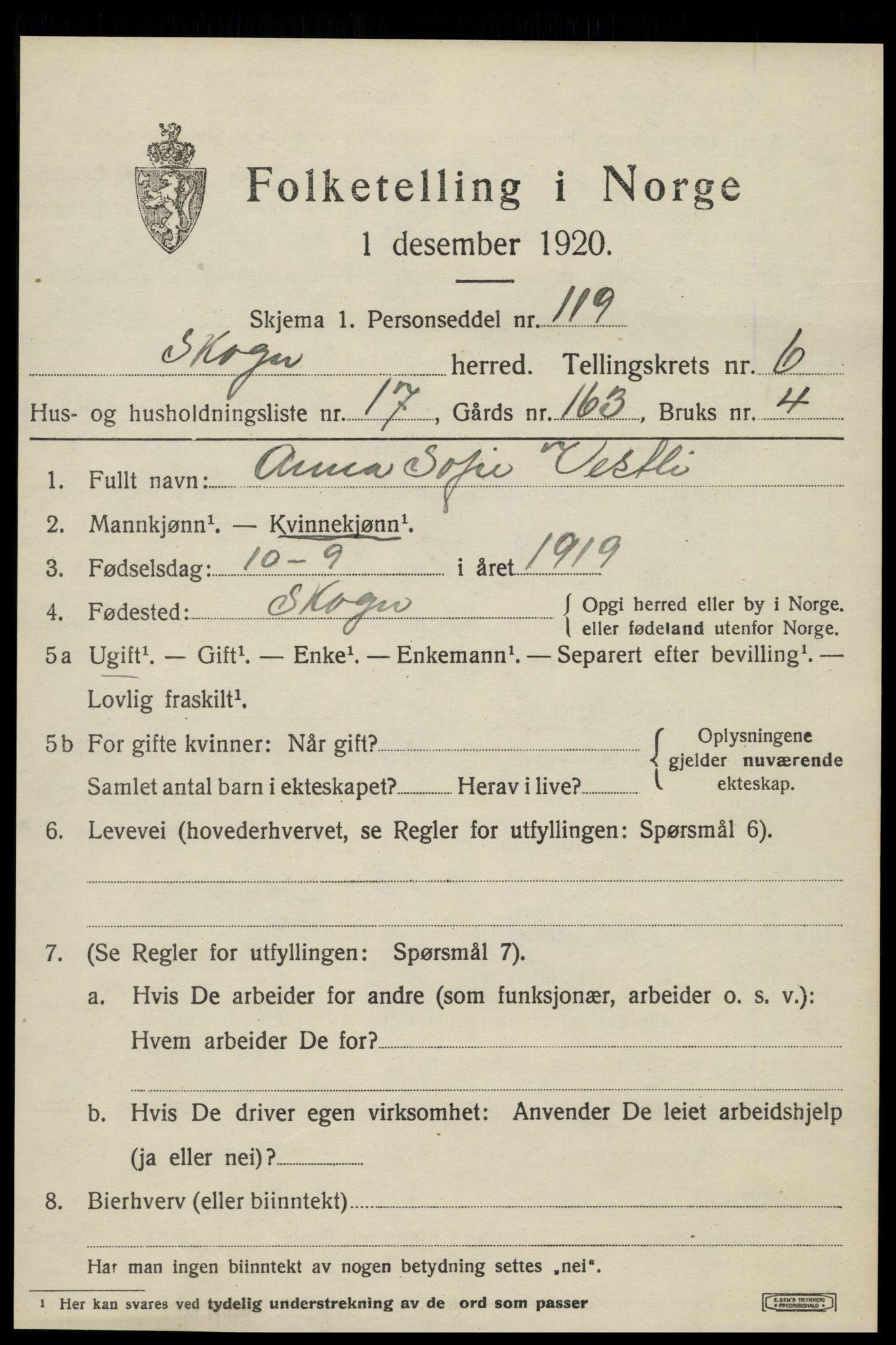 SAT, 1920 census for Skogn, 1920, p. 7641