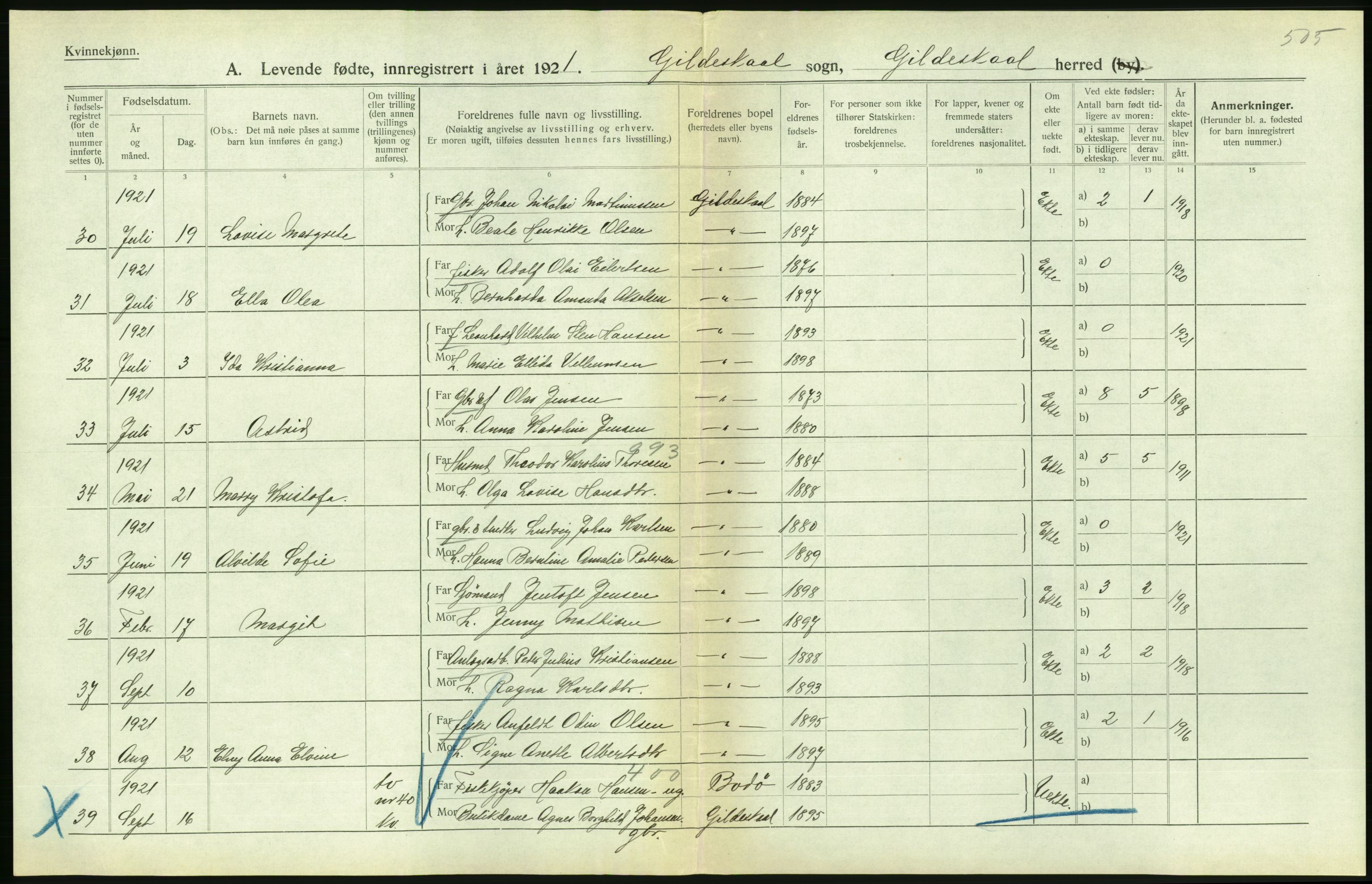 Statistisk sentralbyrå, Sosiodemografiske emner, Befolkning, AV/RA-S-2228/D/Df/Dfc/Dfca/L0049: Nordland fylke: Levendefødte menn og kvinner. Bygder., 1921, p. 156