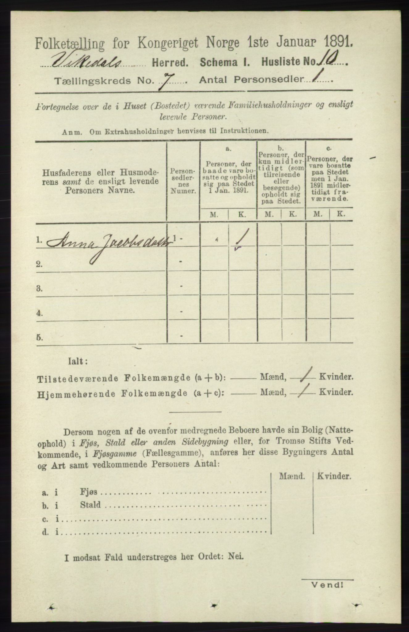 RA, 1891 census for 1157 Vikedal, 1891, p. 2003