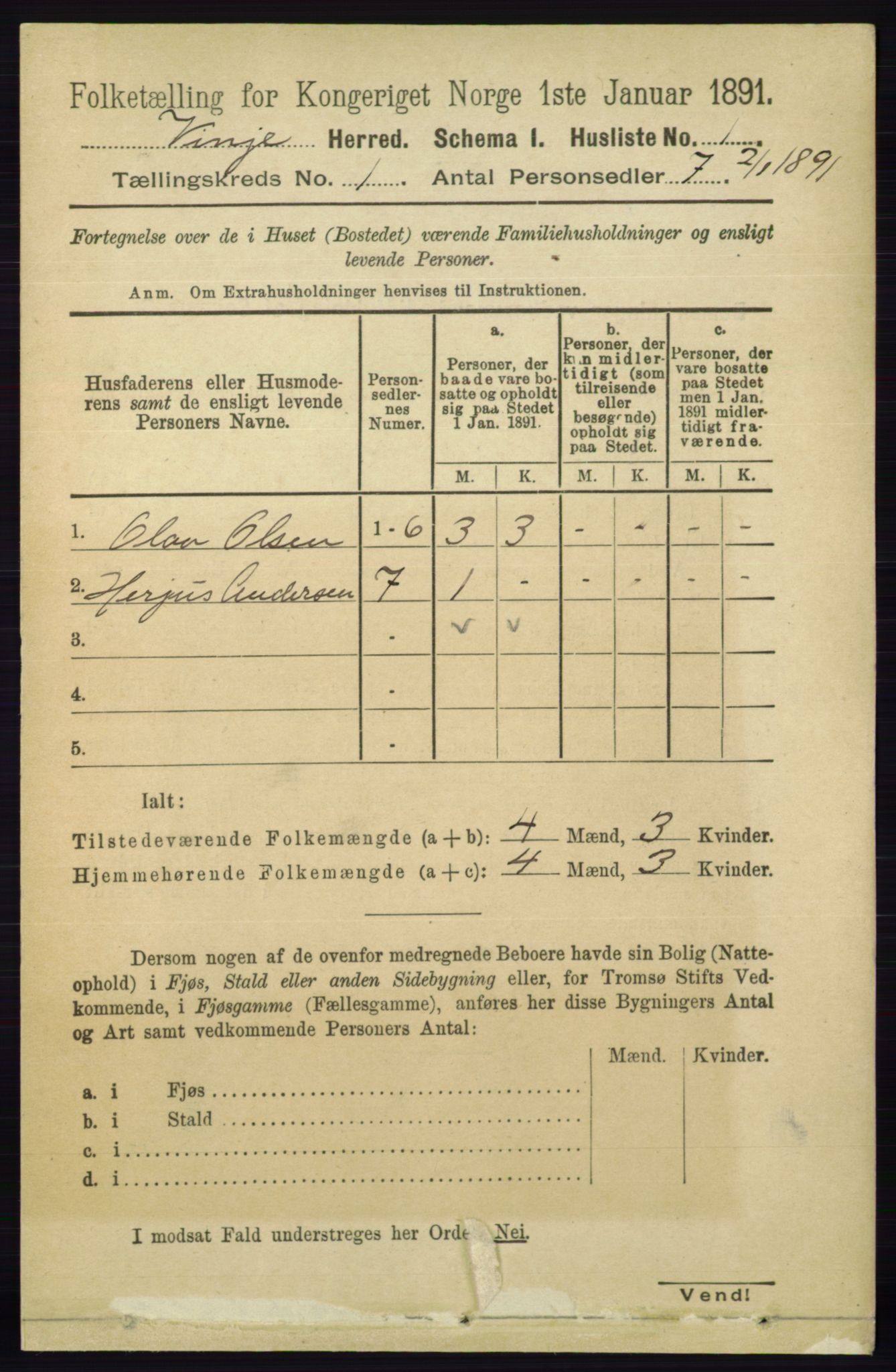 RA, 1891 census for 0834 Vinje, 1891, p. 20
