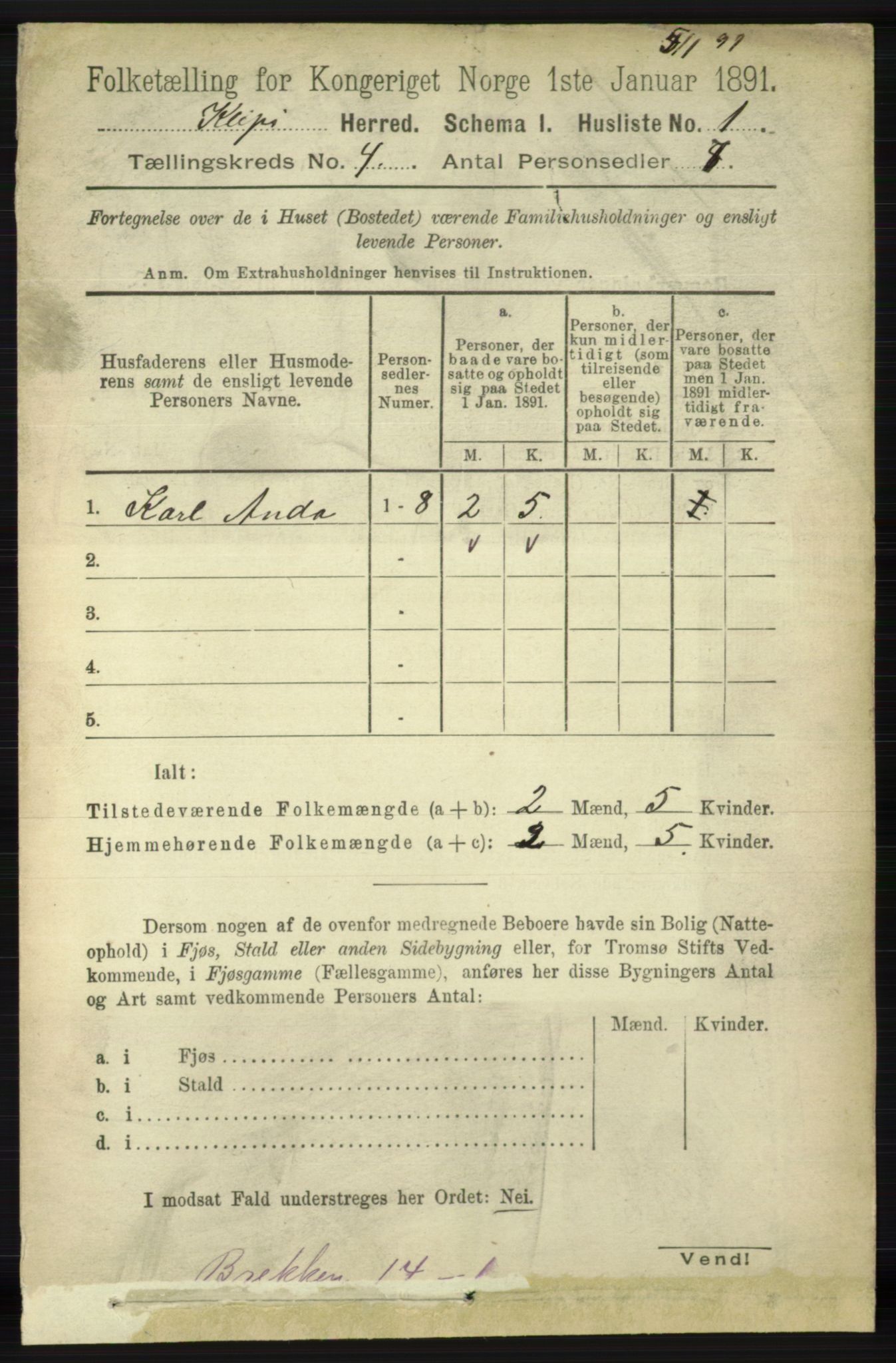 RA, 1891 census for 1120 Klepp, 1891, p. 892