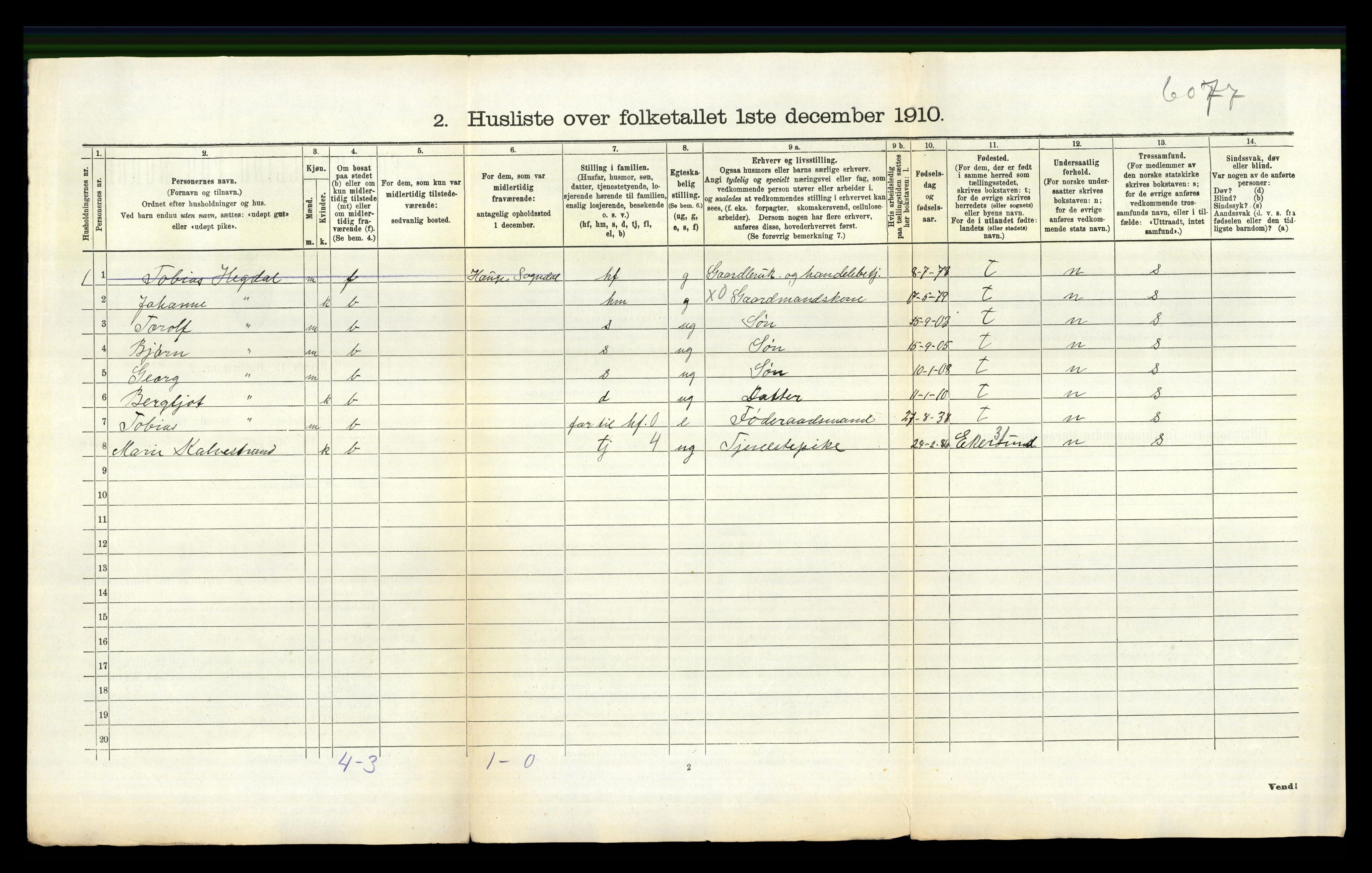 RA, 1910 census for Sokndal, 1910, p. 733