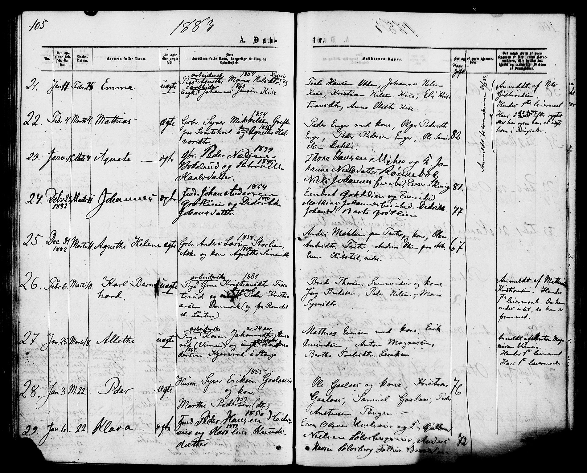 Nes prestekontor, Hedmark, AV/SAH-PREST-020/K/Ka/L0005: Parish register (official) no. 5, 1872-1886, p. 105