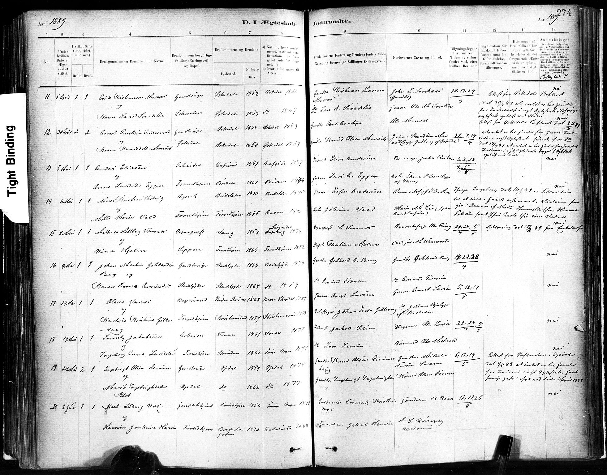 Ministerialprotokoller, klokkerbøker og fødselsregistre - Sør-Trøndelag, SAT/A-1456/602/L0119: Parish register (official) no. 602A17, 1880-1901, p. 274