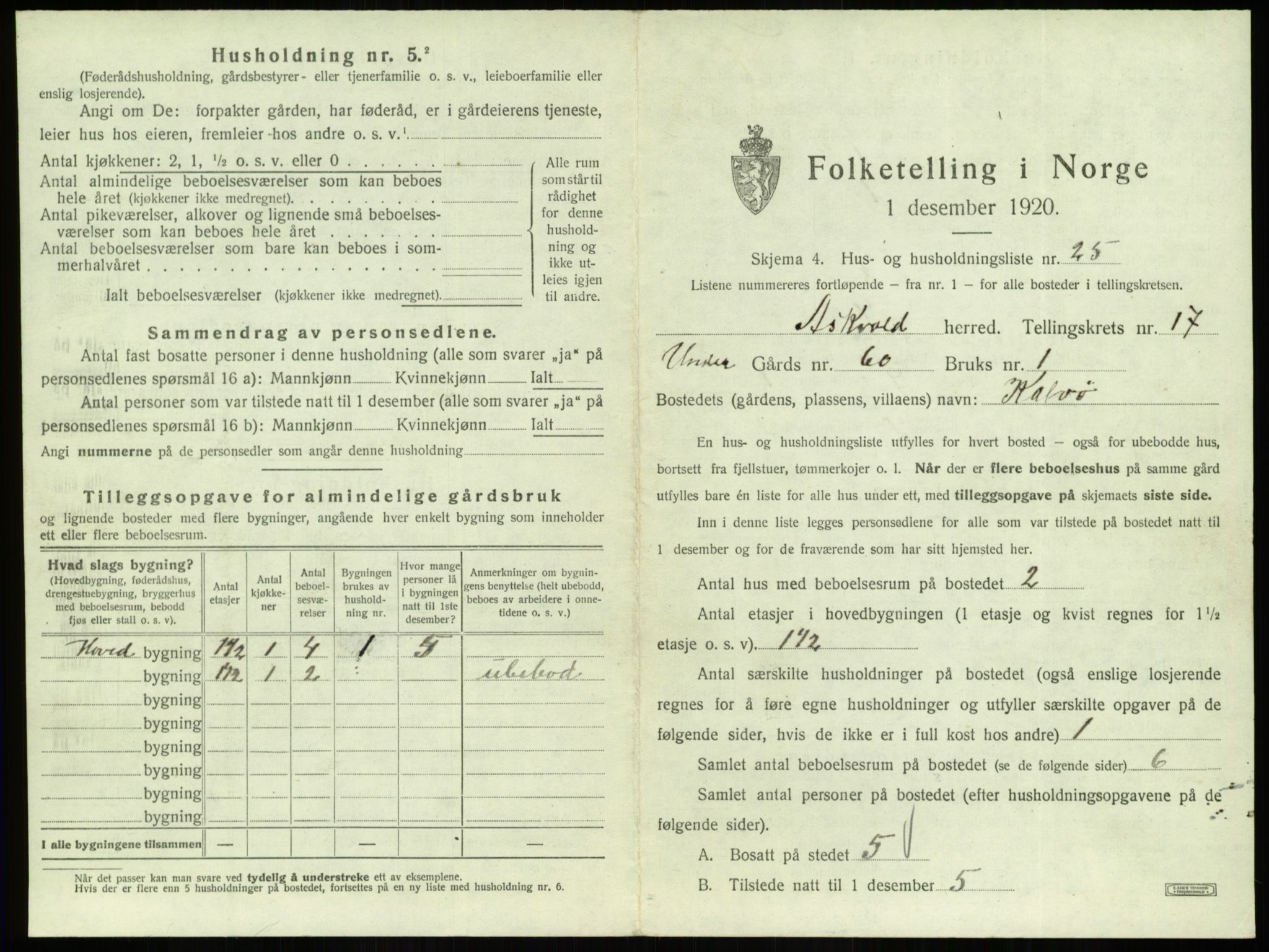 SAB, 1920 census for Askvoll, 1920, p. 956