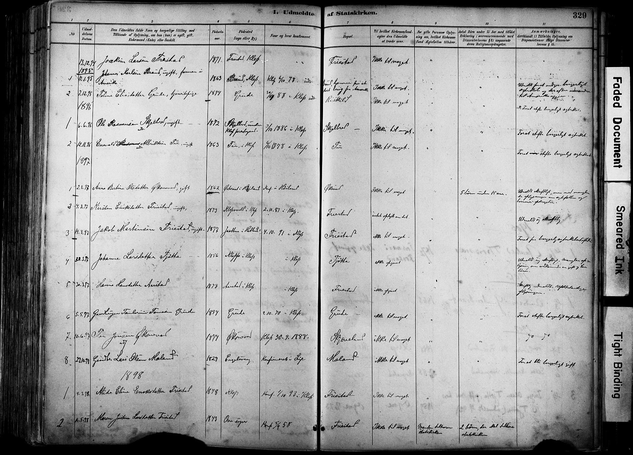 Klepp sokneprestkontor, SAST/A-101803/001/3/30BA/L0009: Parish register (official) no. A 7, 1886-1915, p. 329