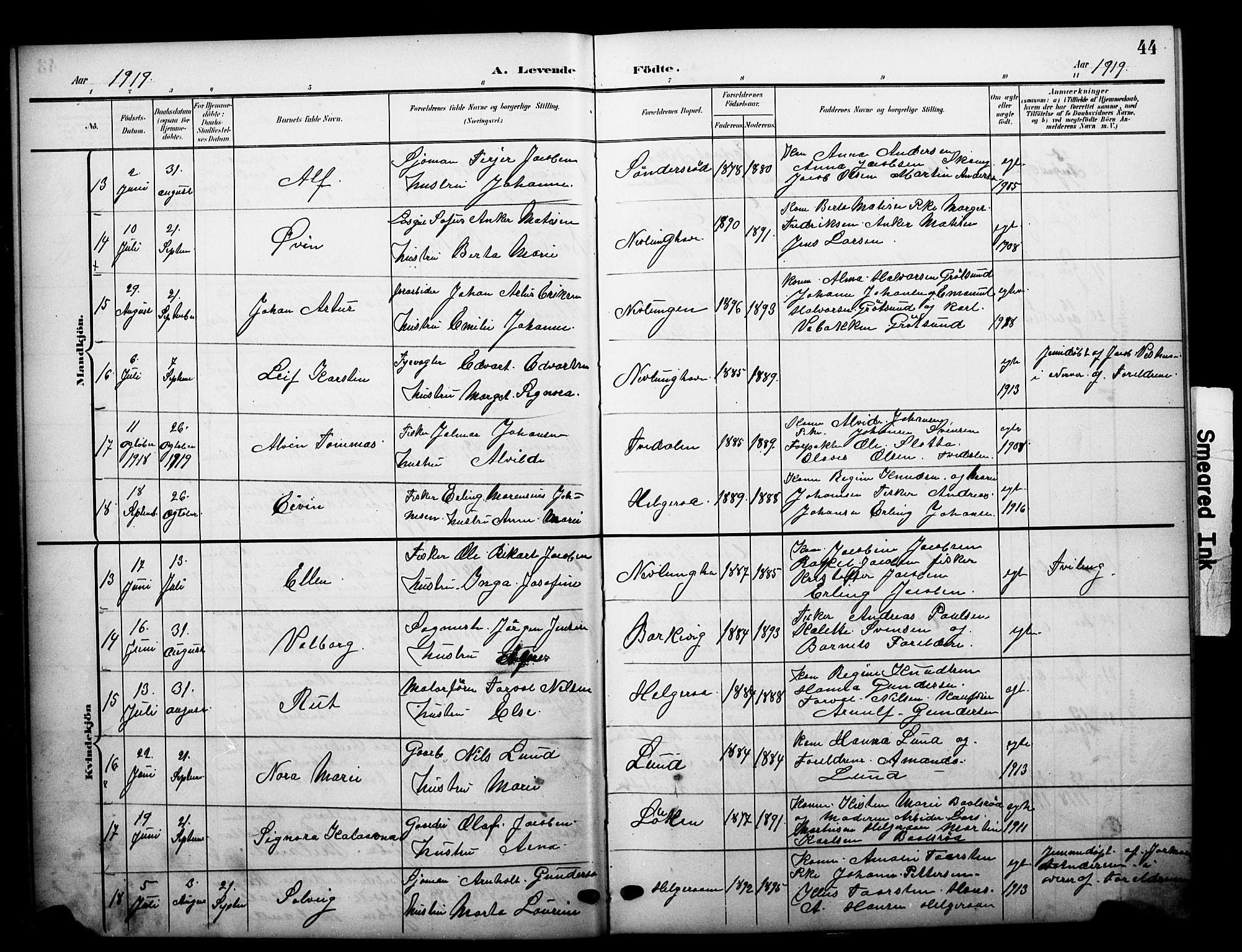 Brunlanes kirkebøker, AV/SAKO-A-342/G/Gb/L0003: Parish register (copy) no. II 3, 1903-1928, p. 44