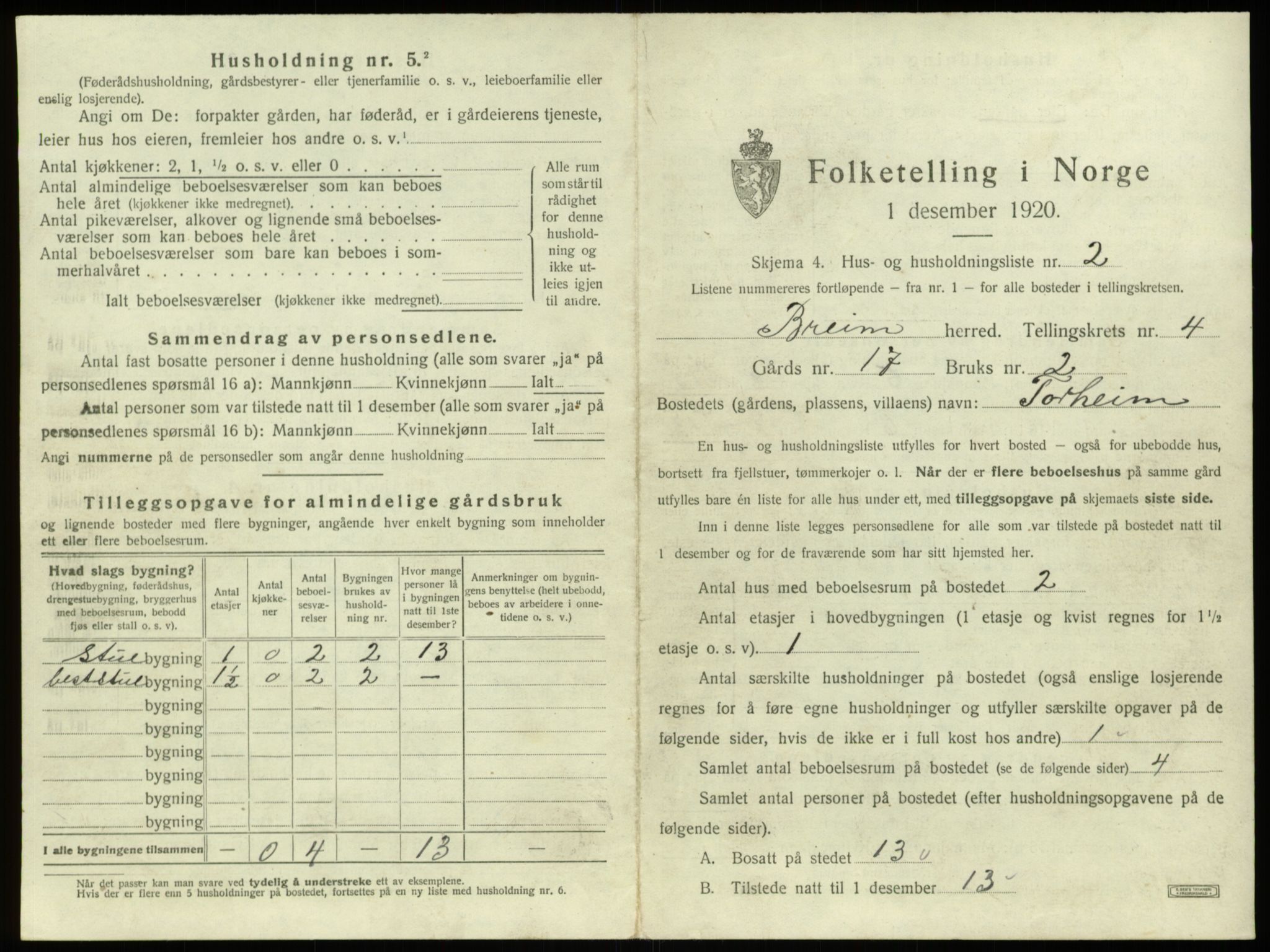 SAB, 1920 census for Breim, 1920, p. 330