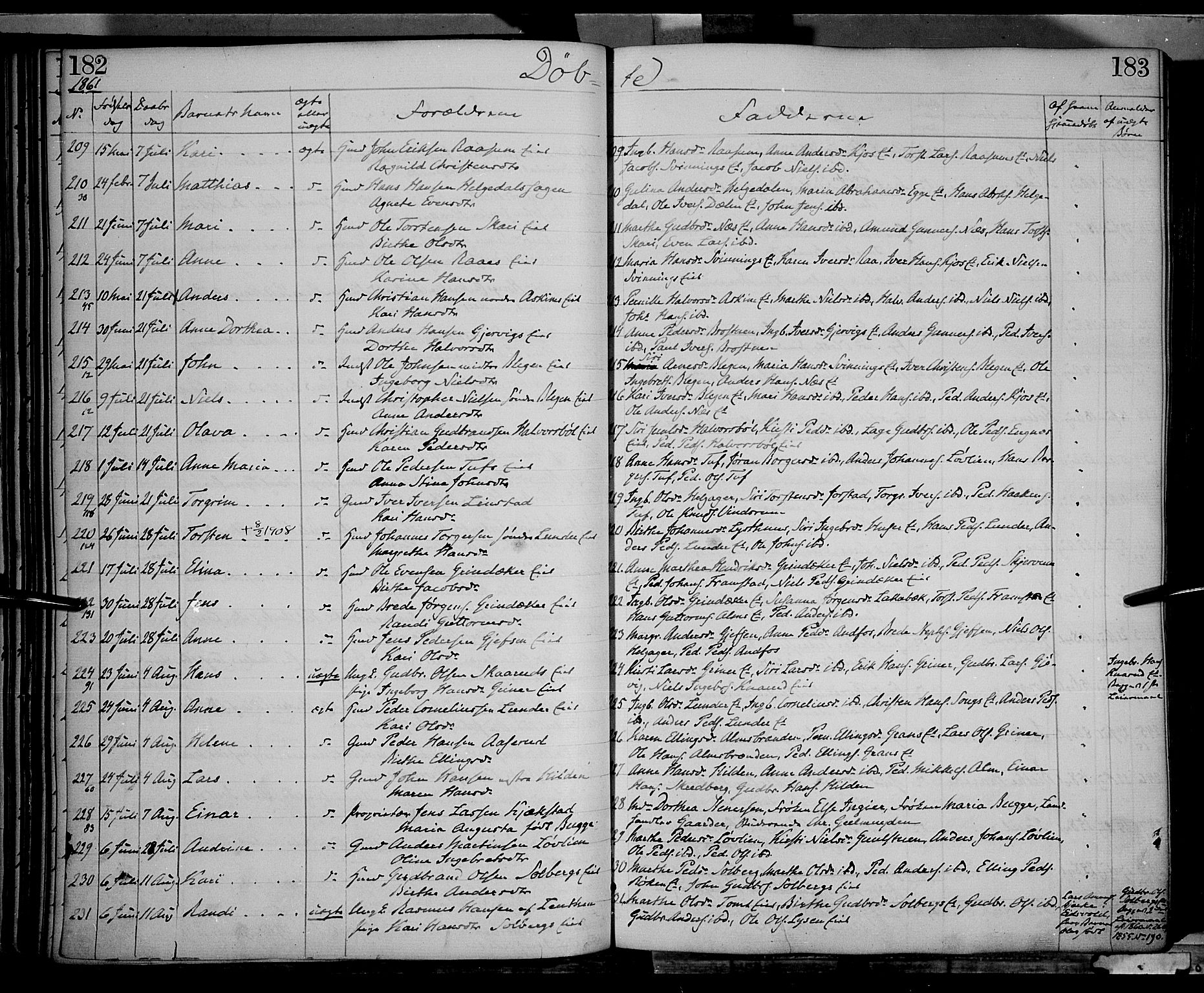 Gran prestekontor, AV/SAH-PREST-112/H/Ha/Haa/L0012: Parish register (official) no. 12, 1856-1874, p. 182-183