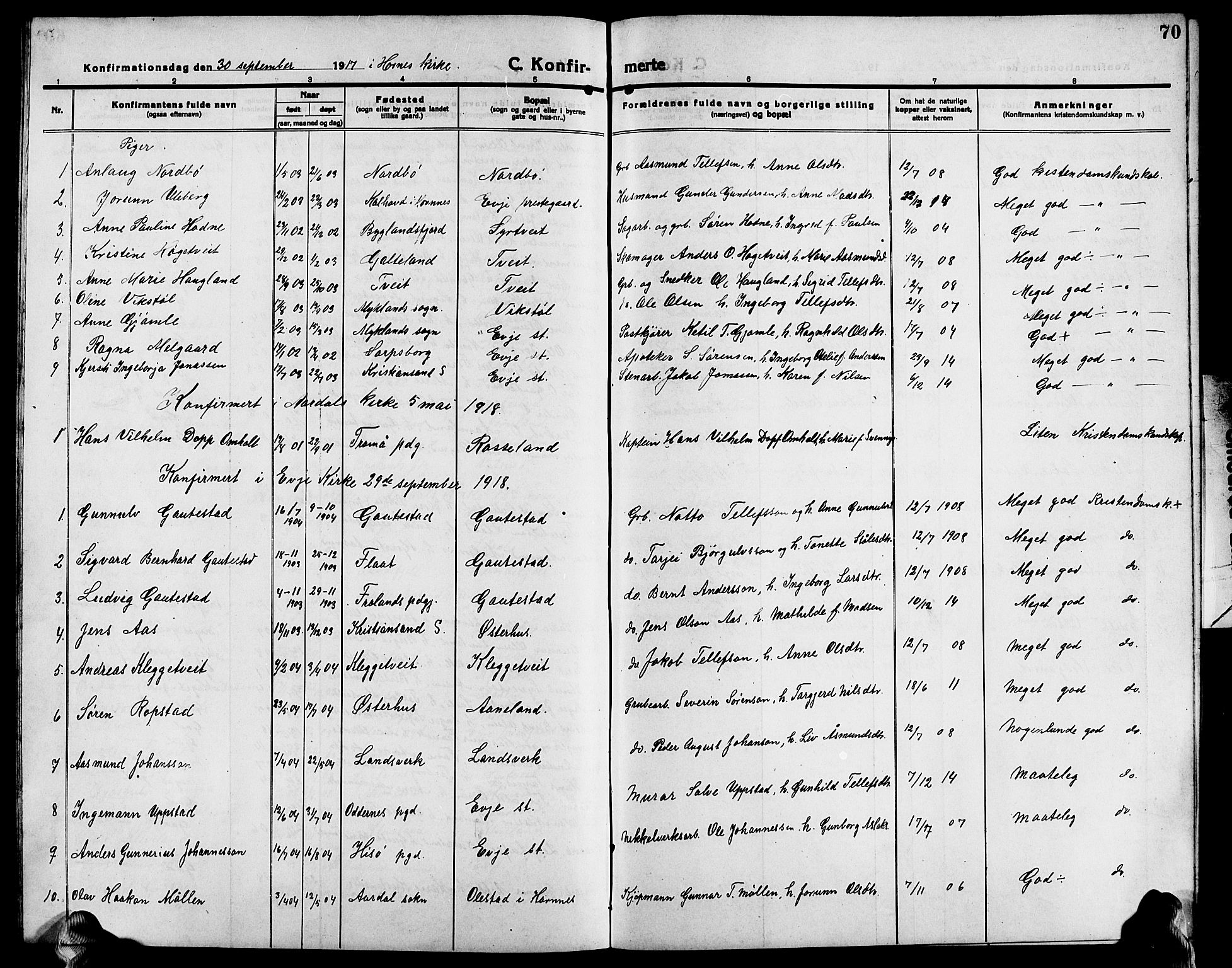 Evje sokneprestkontor, AV/SAK-1111-0008/F/Fb/Fba/L0005: Parish register (copy) no. B 5, 1914-1926, p. 70