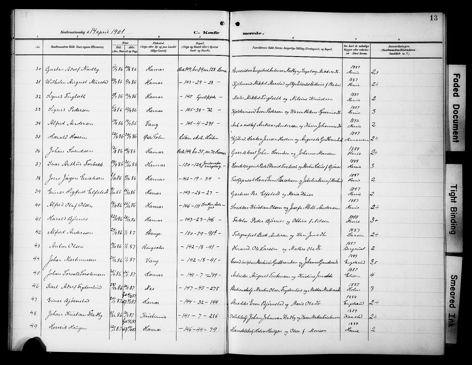 Hamar prestekontor, SAH/DOMPH-002/H/Ha/Hab/L0002: Parish register (copy) no. 2, 1899-1929, p. 13