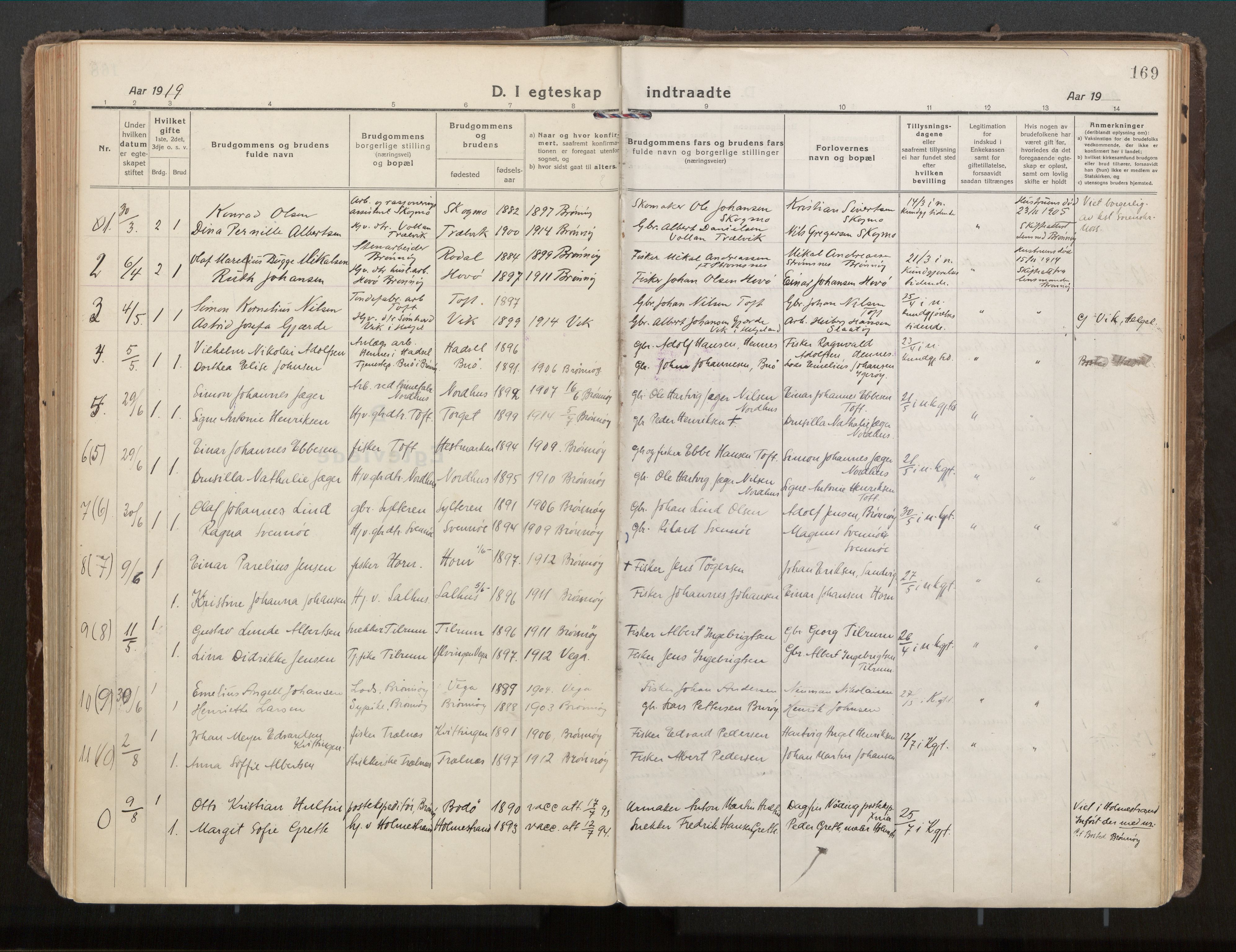 Ministerialprotokoller, klokkerbøker og fødselsregistre - Nordland, SAT/A-1459/813/L0207a: Parish register (official) no. 813A18, 1919-1927, p. 169