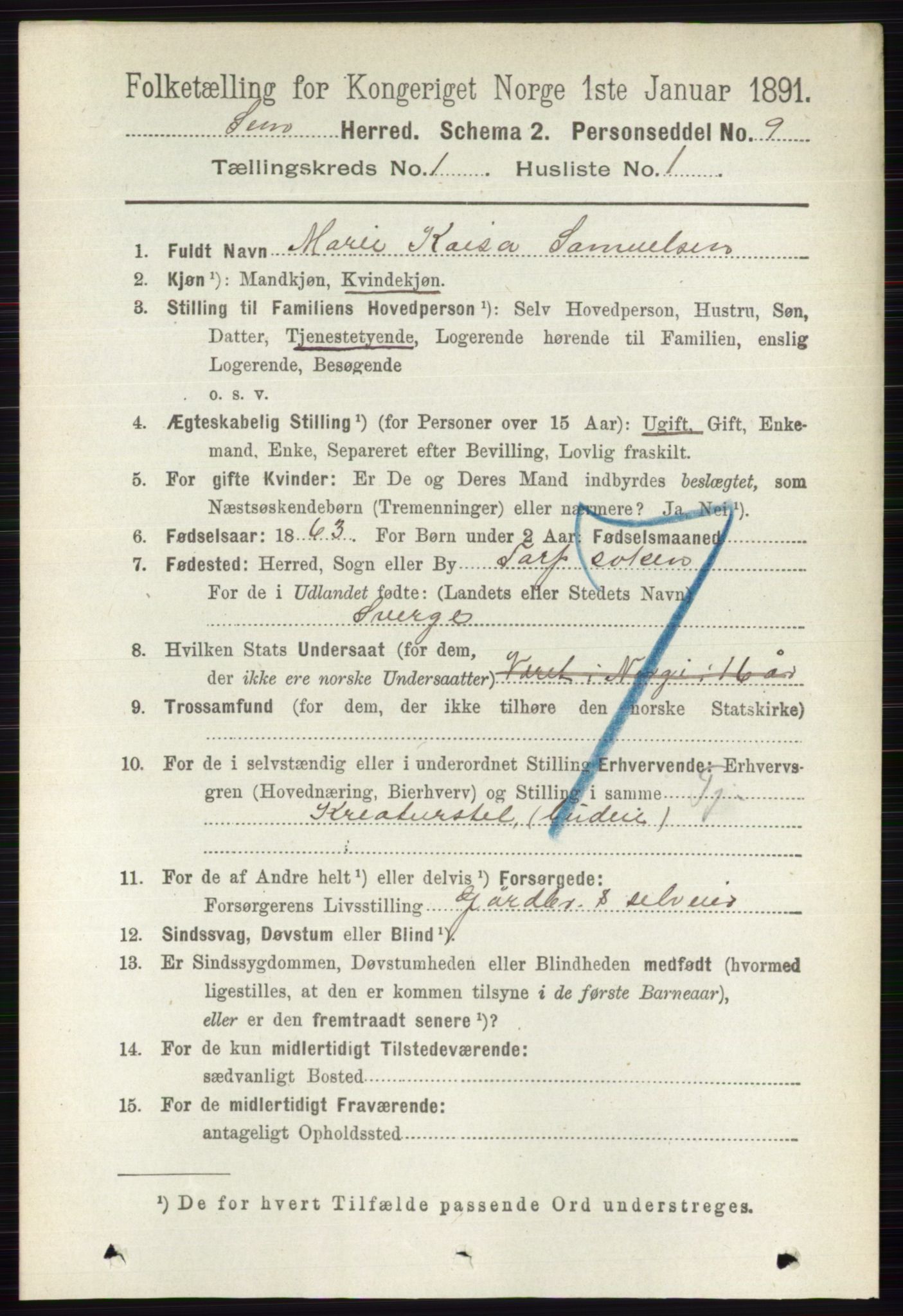 RA, 1891 census for 0721 Sem, 1891, p. 134