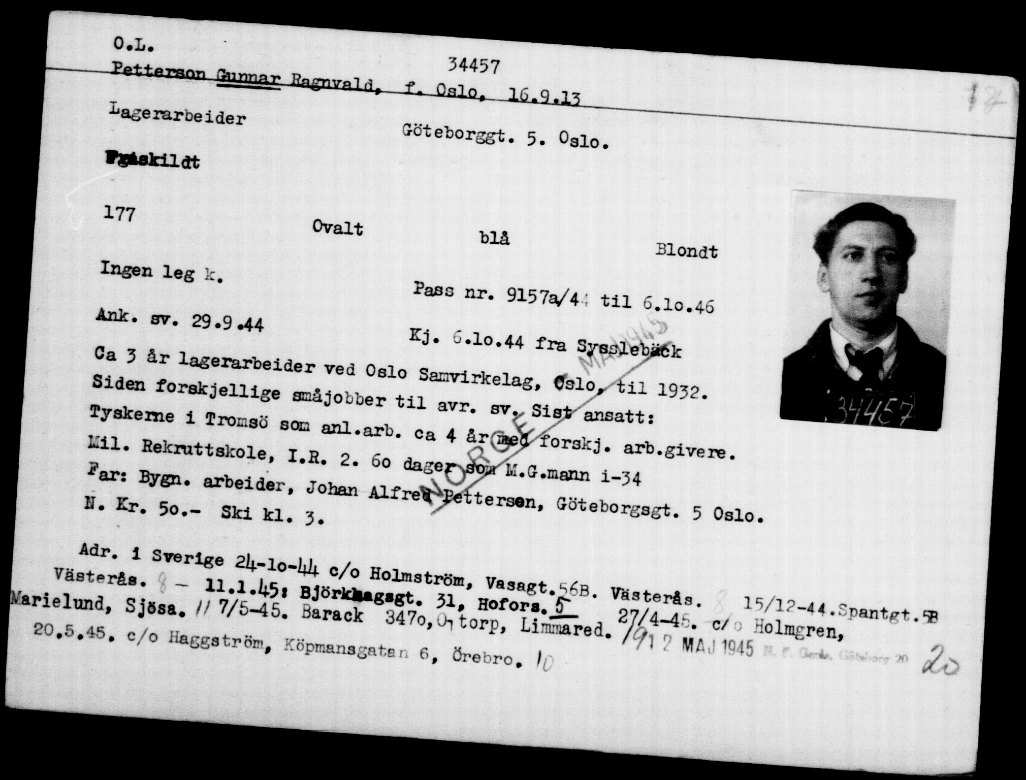 Utenriksstasjonene, Legasjonen i Stockholm, Flyktningkontoret, AV/RA-S-6753/V/Va/L0013: Kjesäterkartoteket, flyktninger med registreringsnr. 31500-34731, 1940-1945, p. 3113