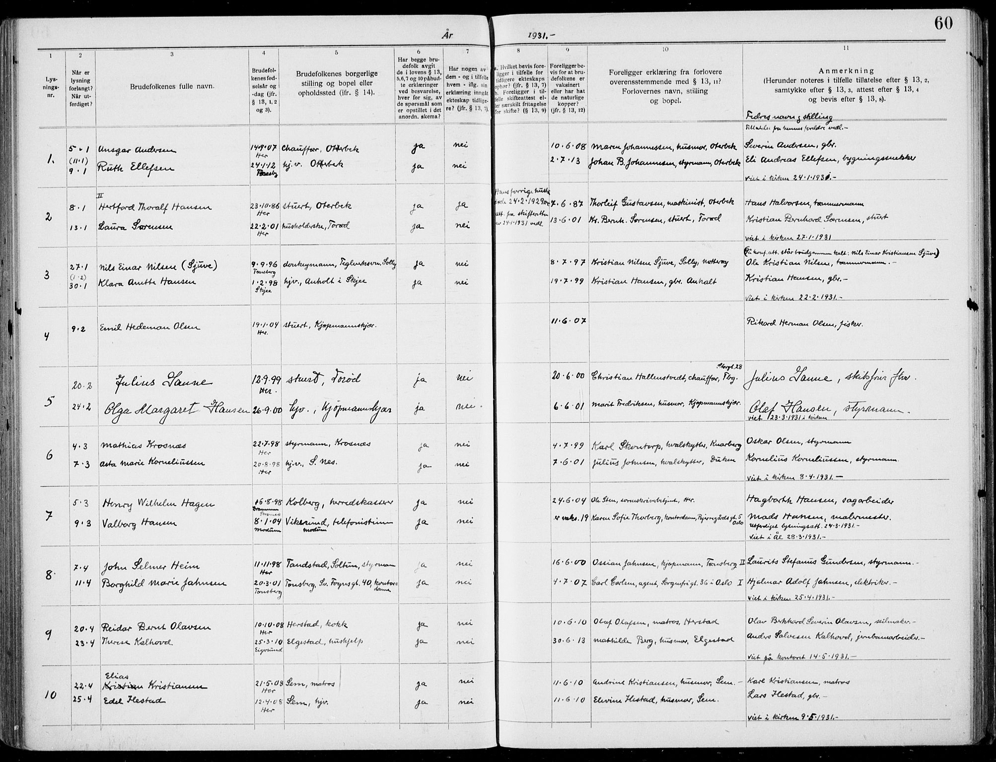 Nøtterøy kirkebøker, SAKO/A-354/H/Ha/L0001: Banns register no. 1, 1919-1937, p. 60