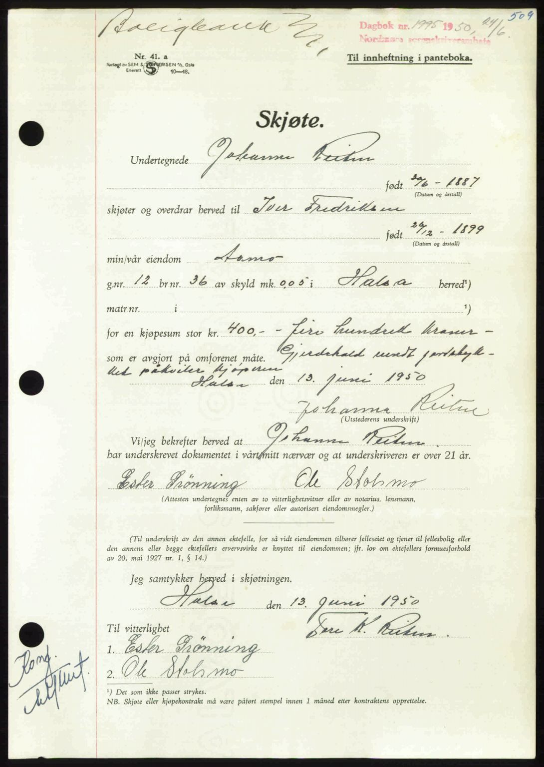 Nordmøre sorenskriveri, AV/SAT-A-4132/1/2/2Ca: Mortgage book no. A115, 1950-1950, Diary no: : 1995/1950