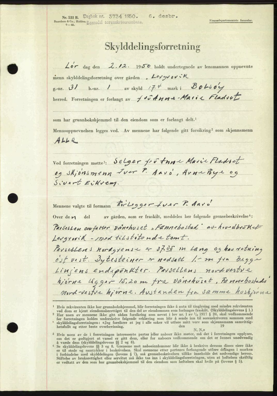 Romsdal sorenskriveri, AV/SAT-A-4149/1/2/2C: Mortgage book no. A34, 1950-1950, Diary no: : 3734/1950