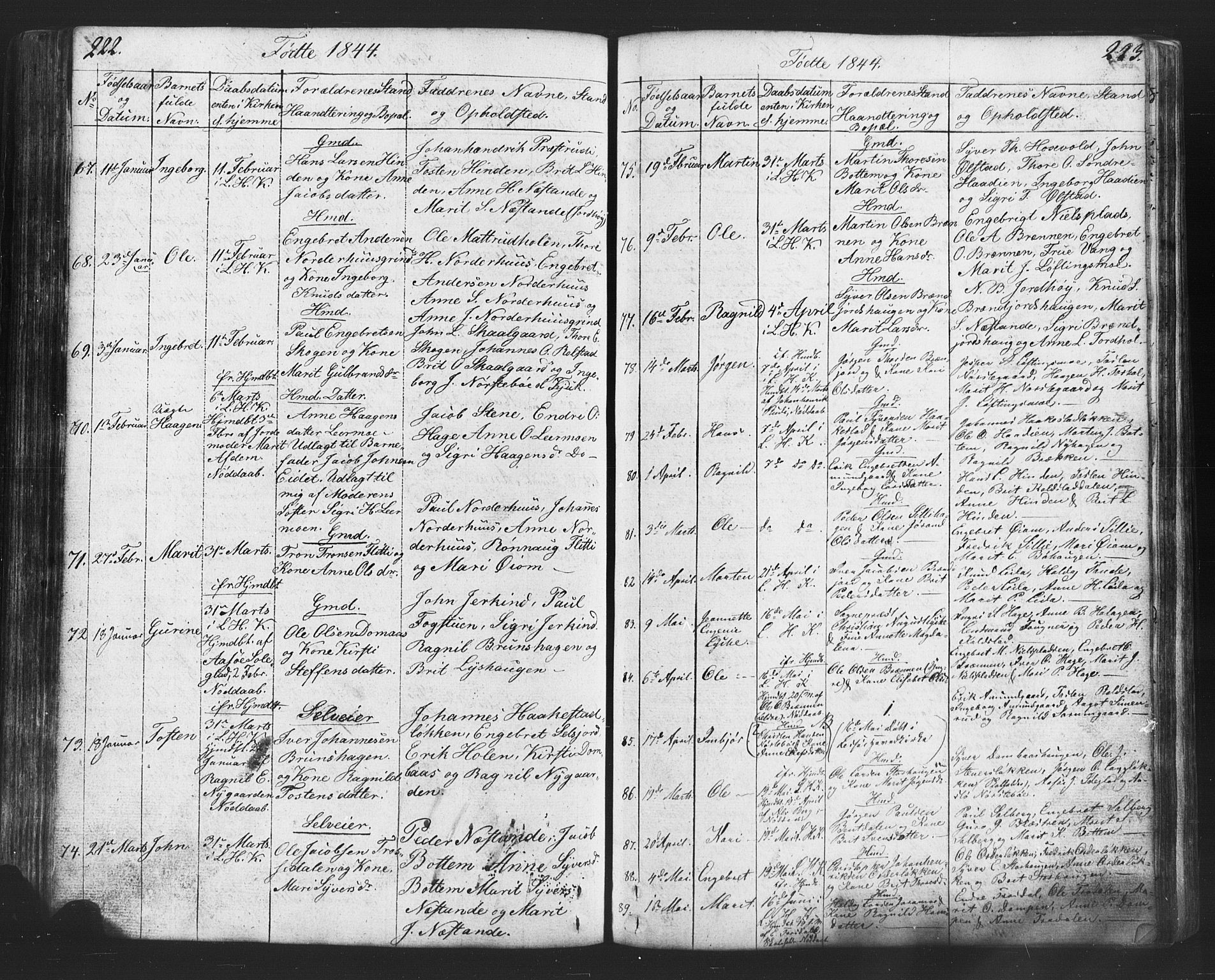 Lesja prestekontor, SAH/PREST-068/H/Ha/Hab/L0002: Parish register (copy) no. 2, 1832-1850, p. 222-223