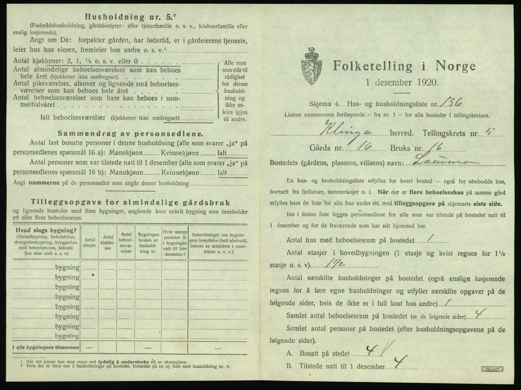 SAT, 1920 census for Klinga, 1920, p. 691