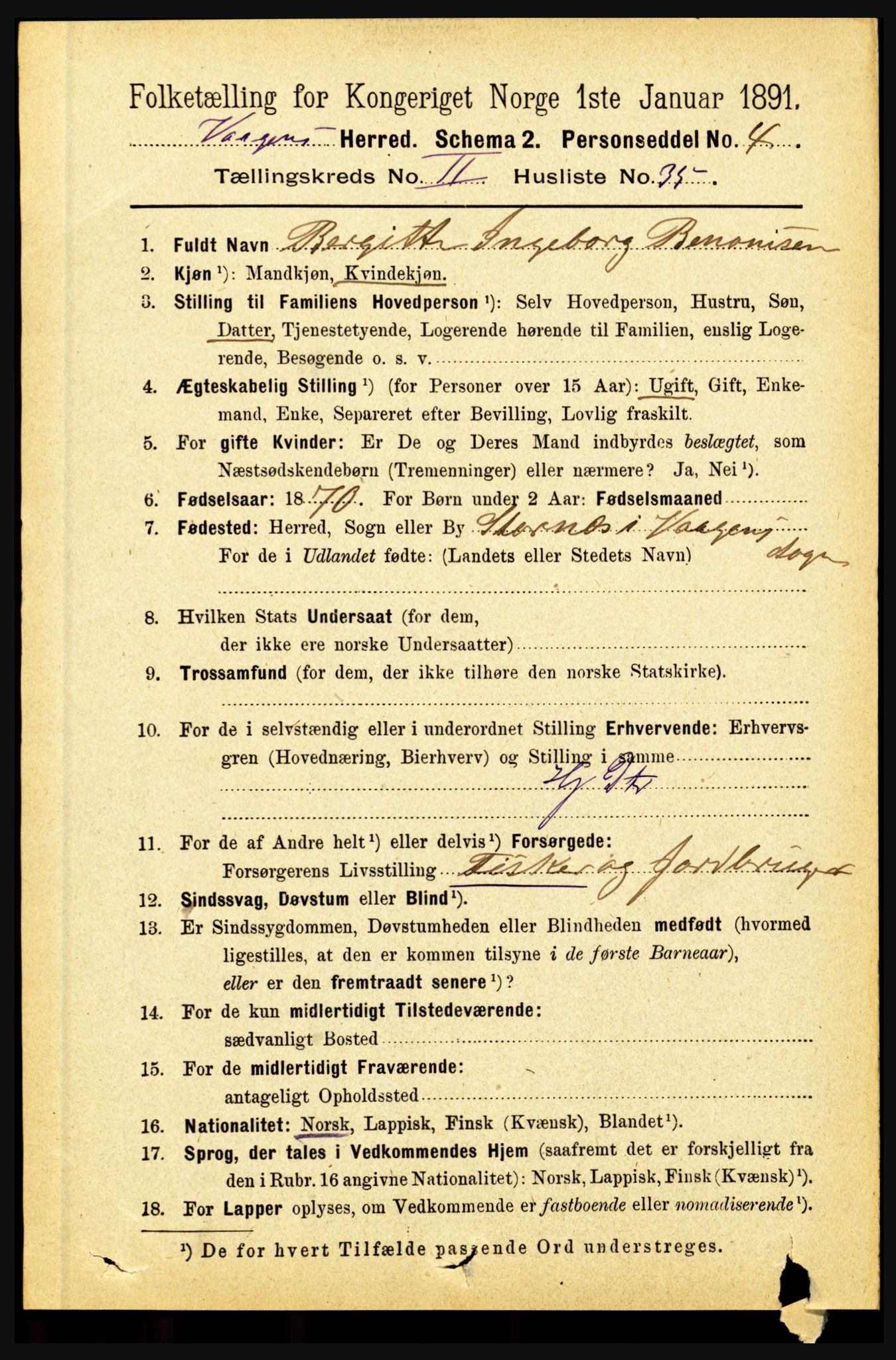 RA, 1891 census for 1865 Vågan, 1891, p. 657