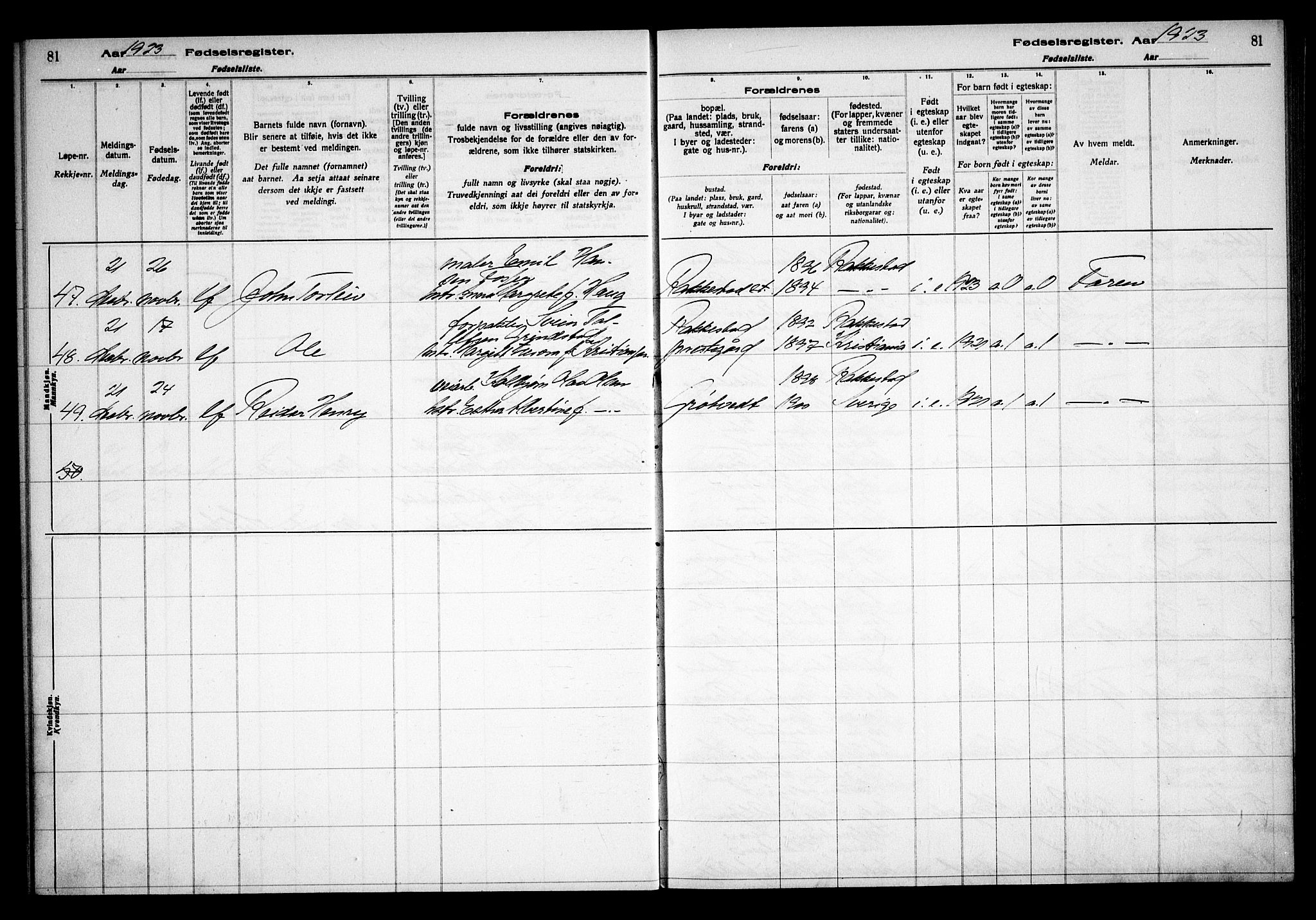 Rakkestad prestekontor Kirkebøker, AV/SAO-A-2008/J/Ja/L0001: Birth register no. I 1, 1916-1936, p. 81