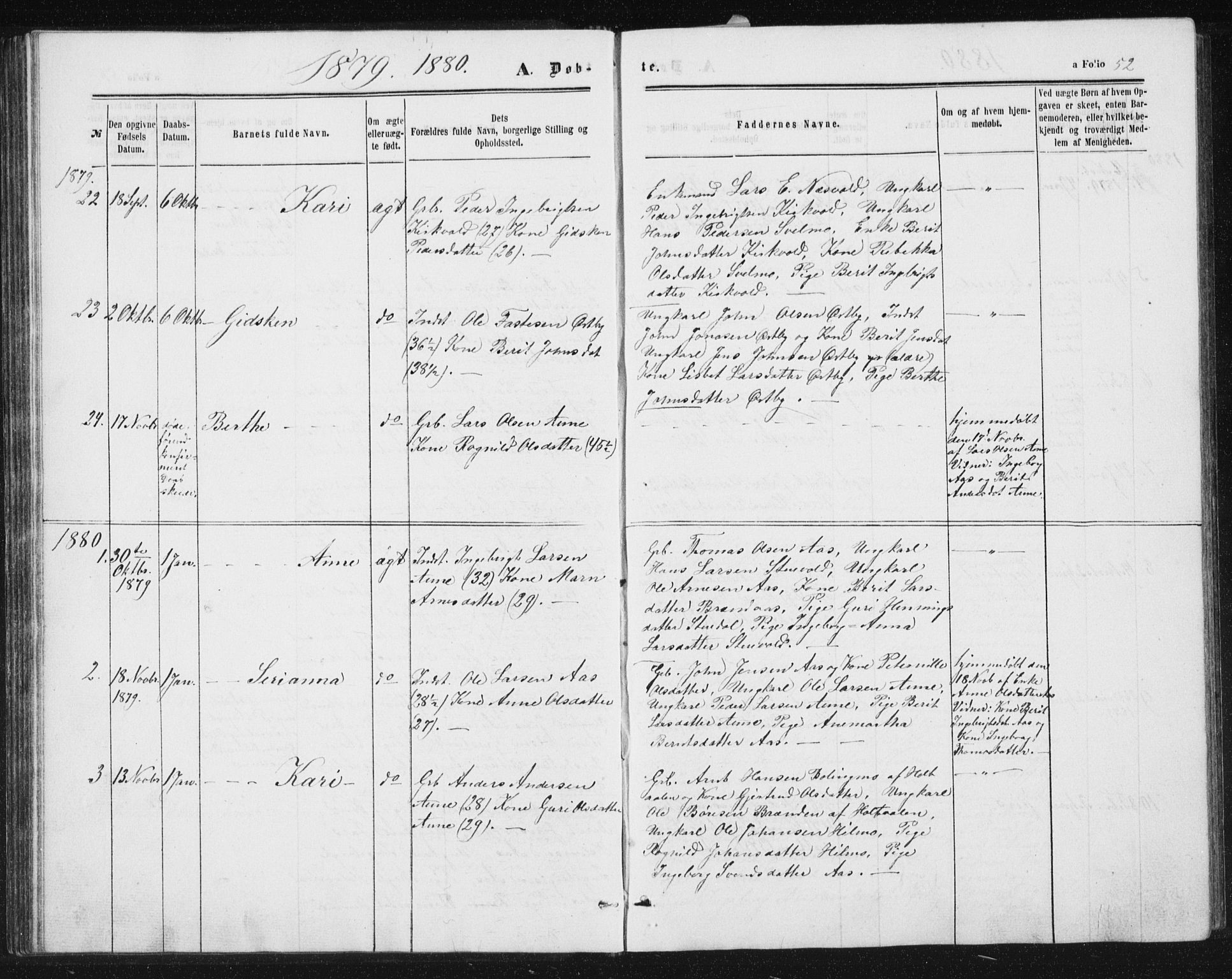 Ministerialprotokoller, klokkerbøker og fødselsregistre - Sør-Trøndelag, SAT/A-1456/698/L1166: Parish register (copy) no. 698C03, 1861-1887, p. 52