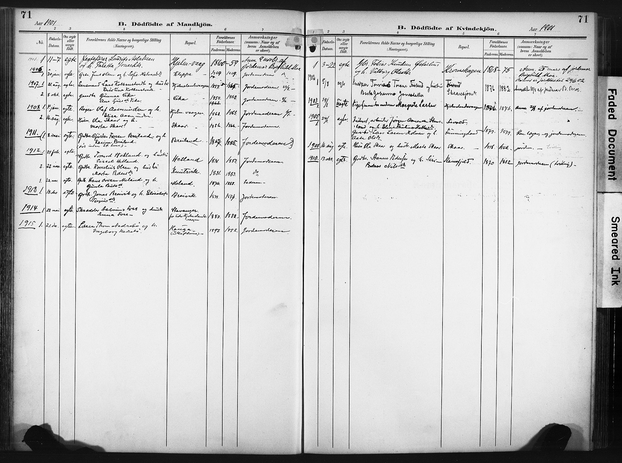 Hjelmeland sokneprestkontor, AV/SAST-A-101843/02/A/L0002: Parish register (official) no. A 17, 1901-1916, p. 71