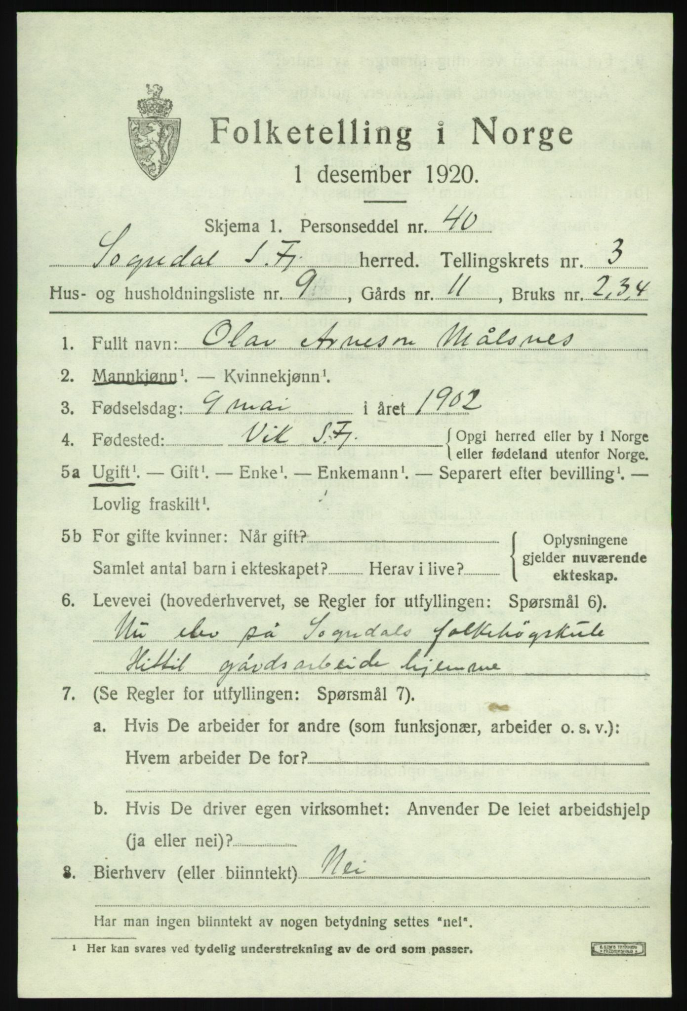 SAB, 1920 census for Sogndal, 1920, p. 2279