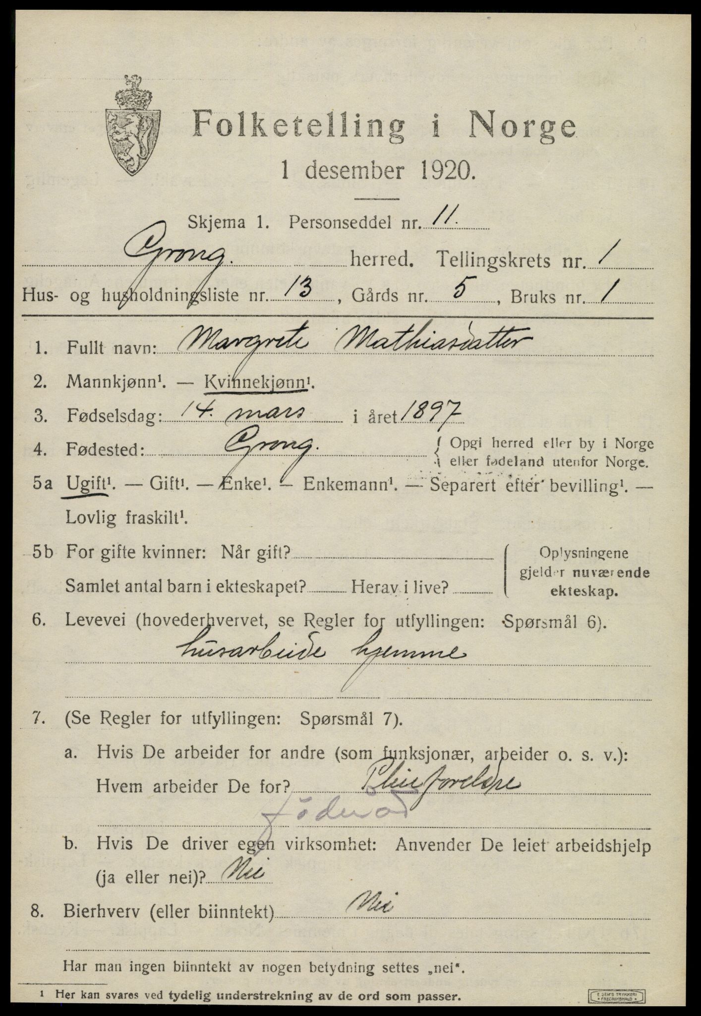 SAT, 1920 census for Grong, 1920, p. 1187