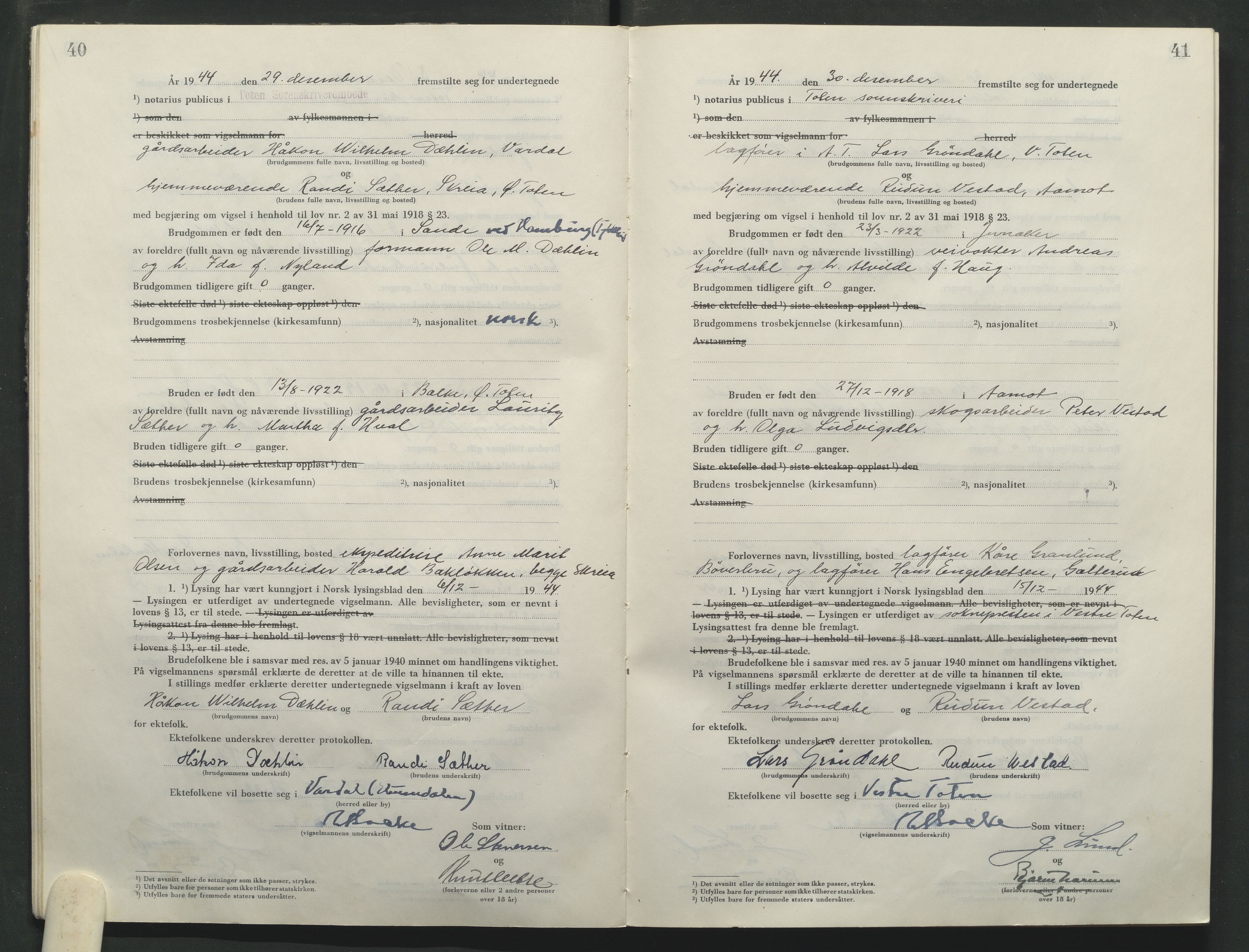 Toten tingrett, AV/SAH-TING-006/L/Lc/L0005: Vigselbok, 1944-1948, p. 40-41