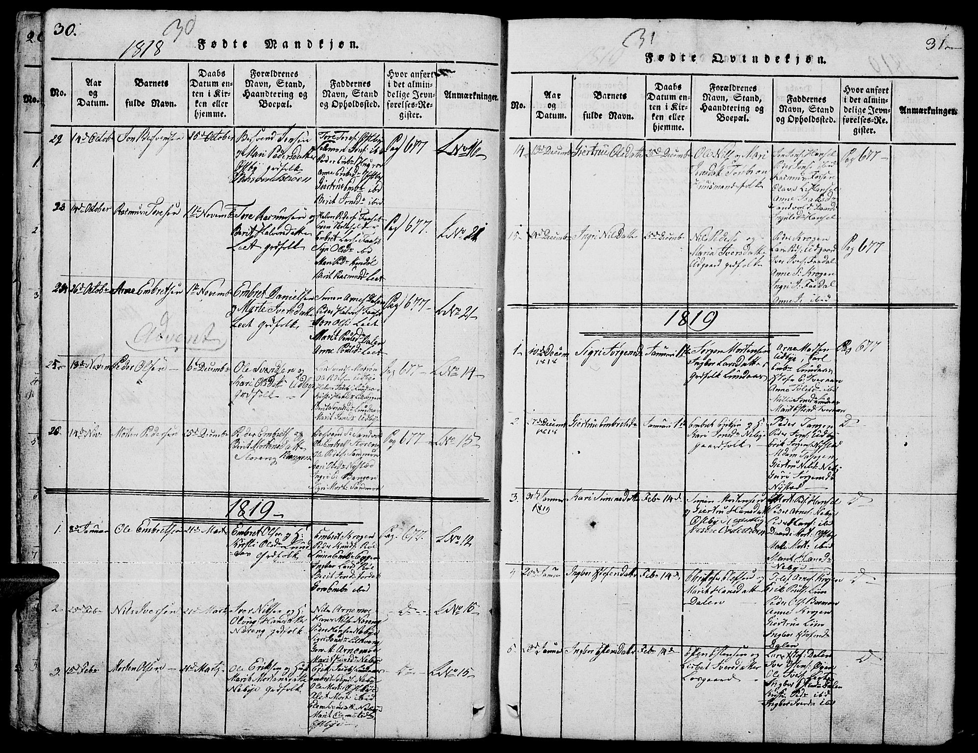 Tynset prestekontor, AV/SAH-PREST-058/H/Ha/Hab/L0001: Parish register (copy) no. 1, 1814-1859, p. 30-31