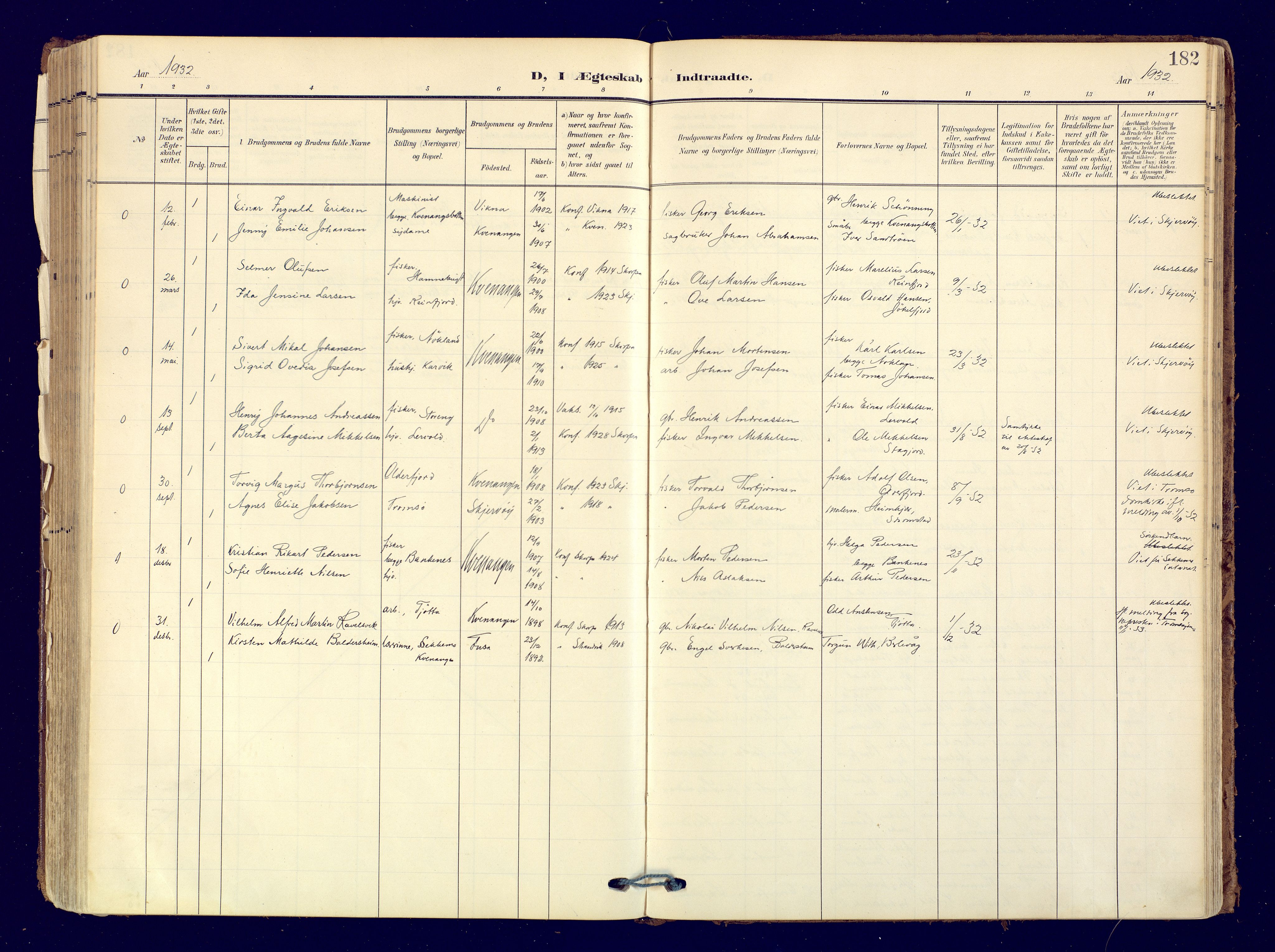 Skjervøy sokneprestkontor, AV/SATØ-S-1300/H/Ha/Haa: Parish register (official) no. 19, 1908-1936, p. 182