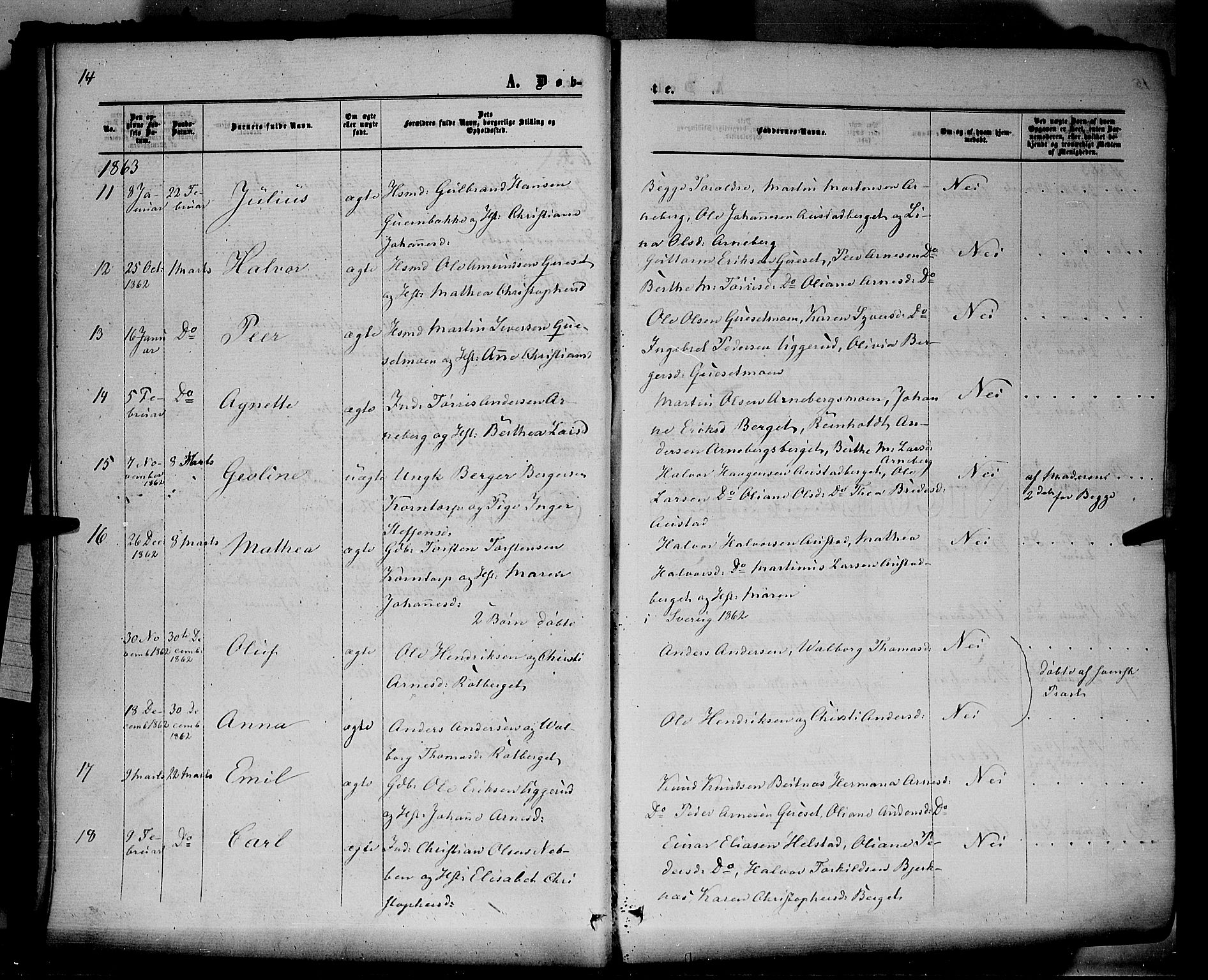 Hof prestekontor, AV/SAH-PREST-038/H/Ha/Haa/L0009: Parish register (official) no. 9, 1862-1877, p. 14