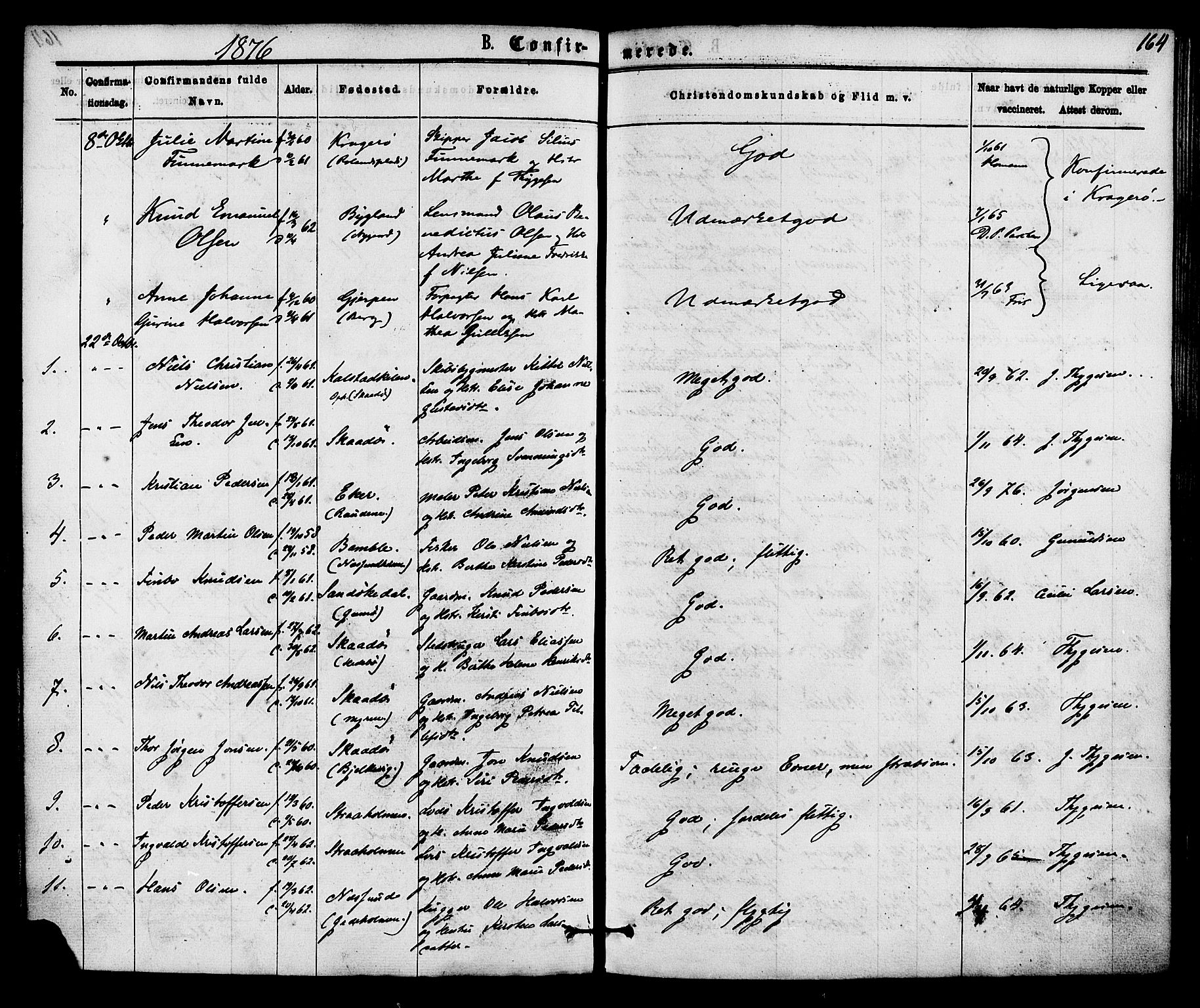 Skåtøy kirkebøker, AV/SAKO-A-304/F/Fa/L0001: Parish register (official) no. I 1, 1874-1883, p. 164