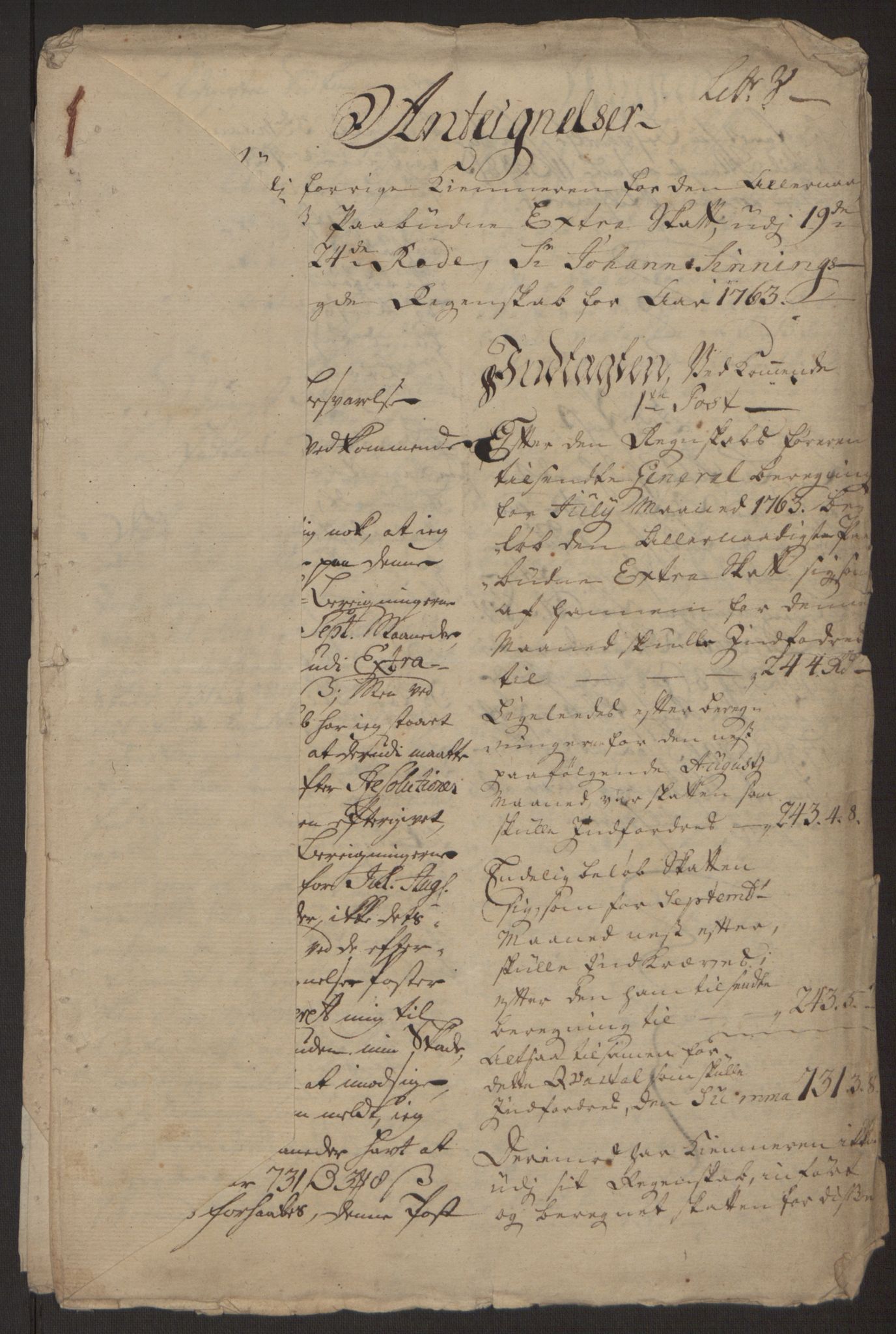 Rentekammeret inntil 1814, Reviderte regnskaper, Byregnskaper, AV/RA-EA-4066/R/Rp/L0366/0001: [P20] Kontribusjonsregnskap / Ekstraskatt, 1763, p. 358