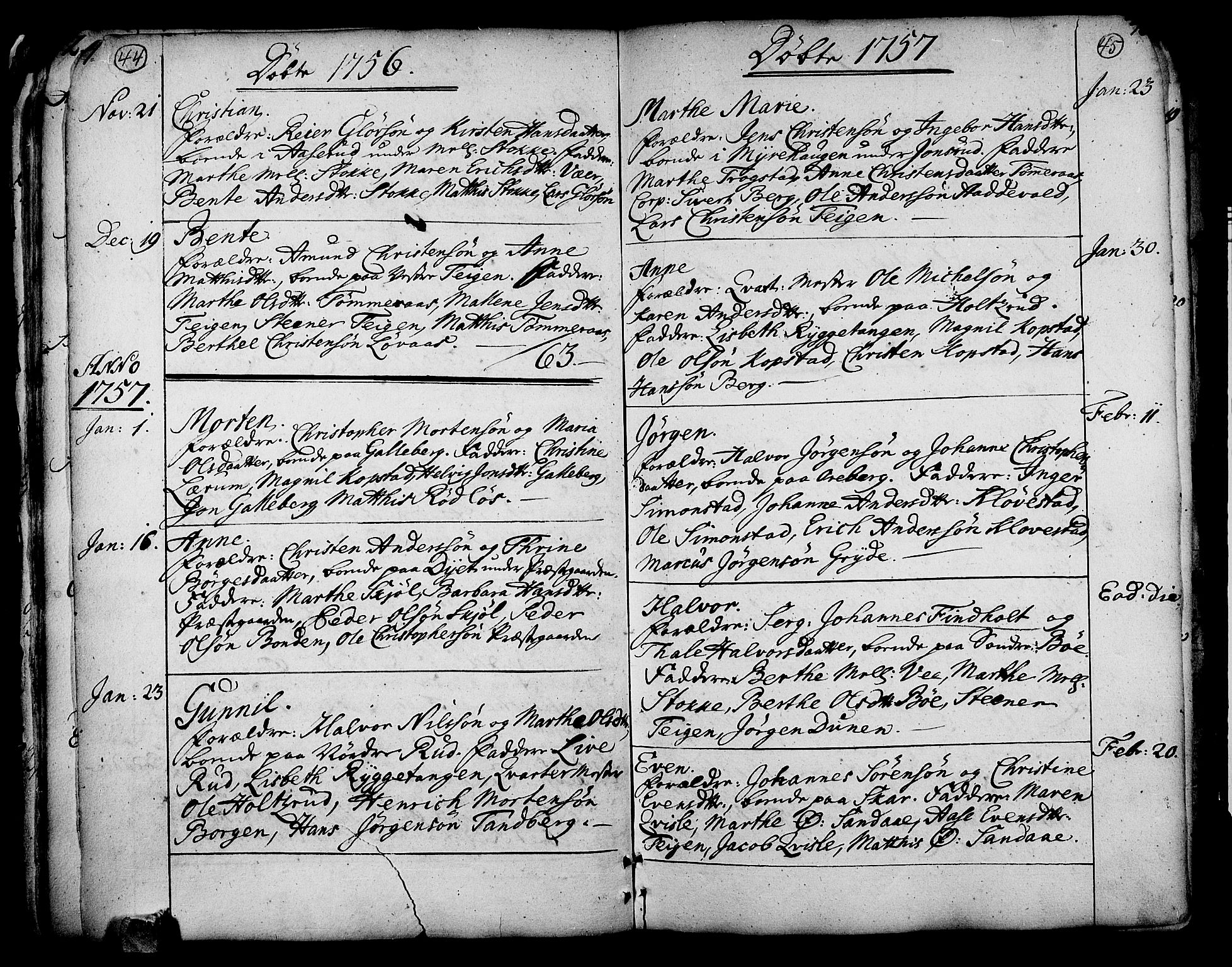 Sande Kirkebøker, AV/SAKO-A-53/F/Fa/L0001: Parish register (official) no. 1, 1753-1803, p. 44-45