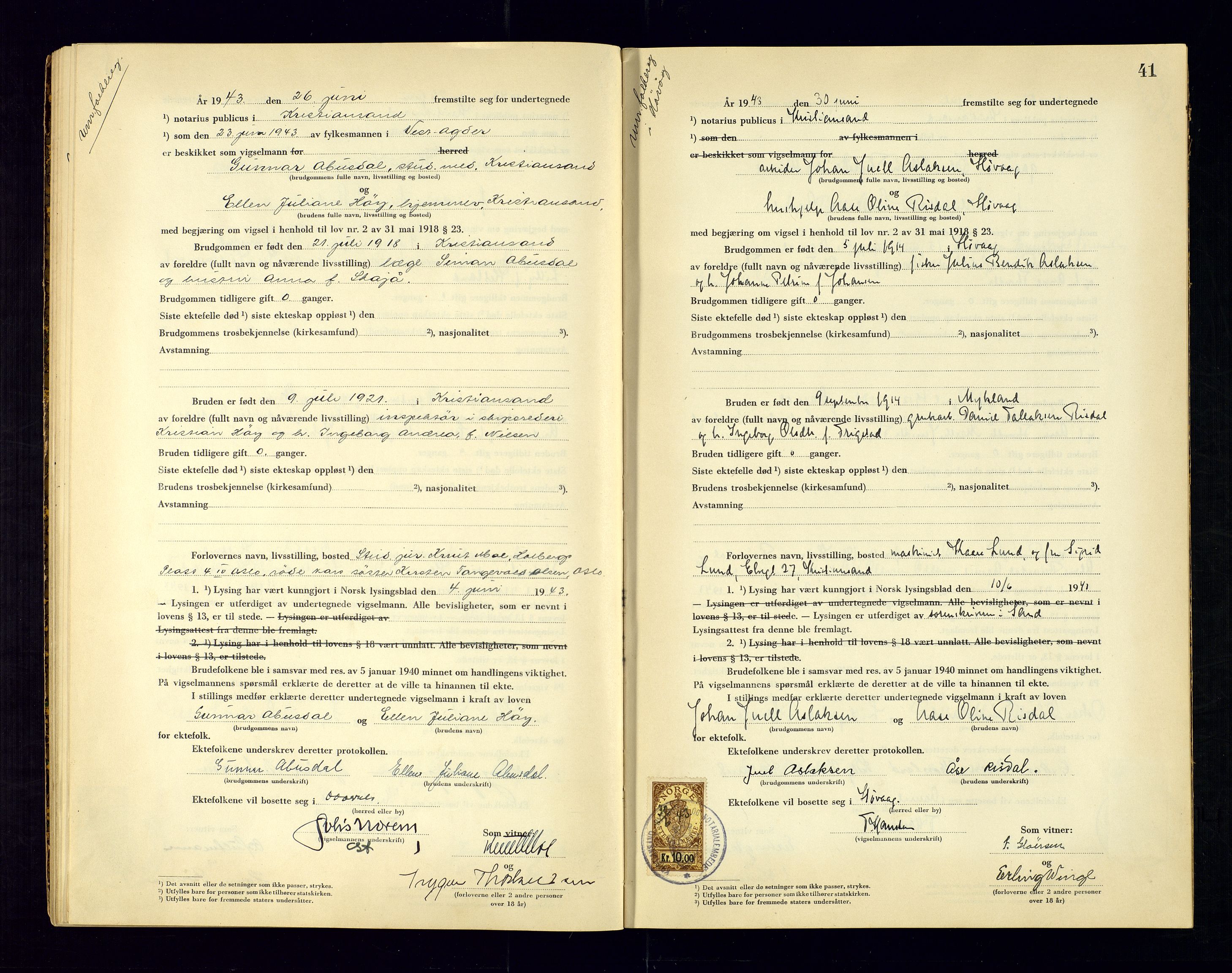 Kristiansand byrett - 2, AV/SAK-1223-0002/I/Ib/L0147/0004: Vielsesprotokoller / Vigselbok, 1943-1944, p. 42