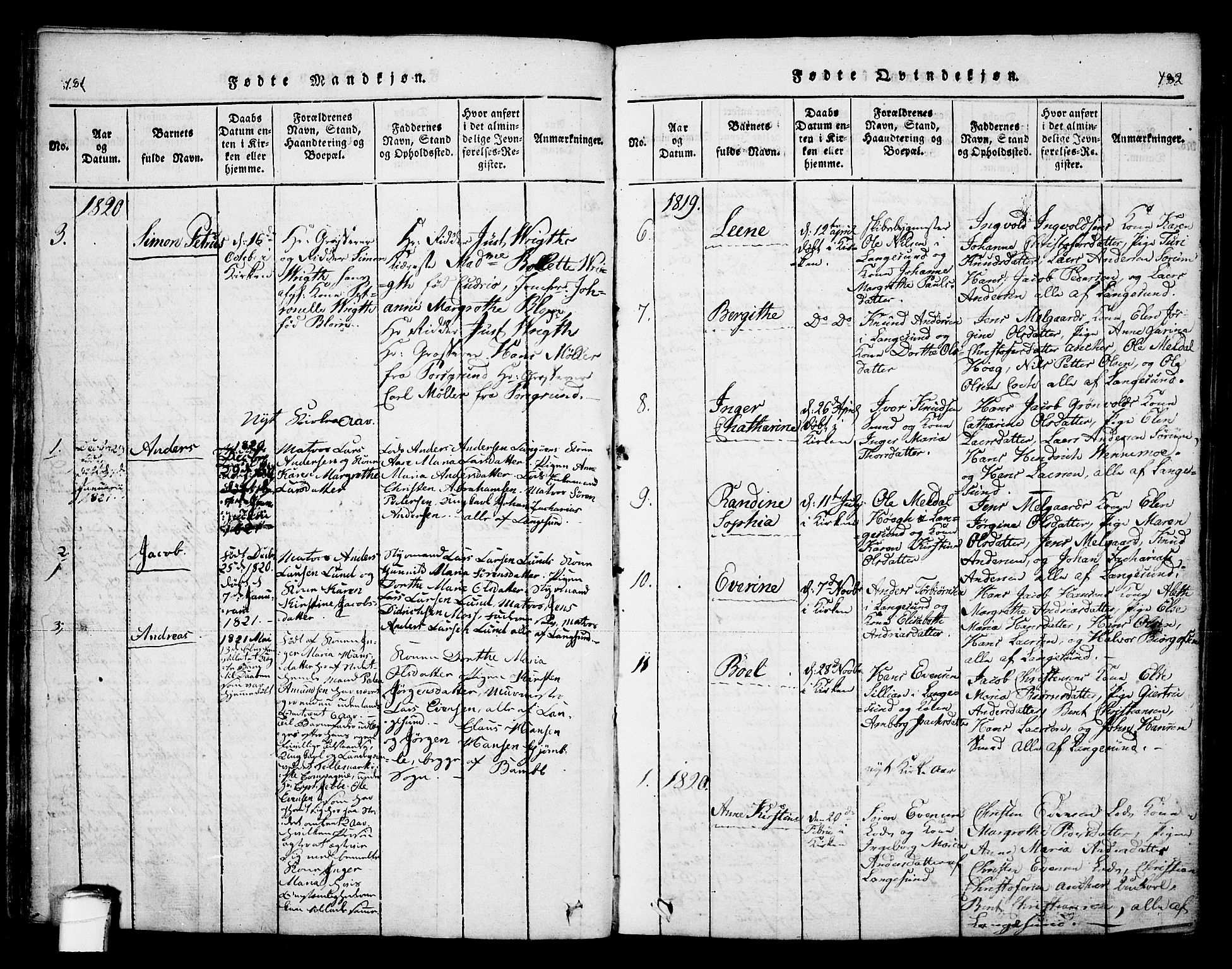 Bamble kirkebøker, AV/SAKO-A-253/F/Fa/L0003: Parish register (official) no. I 3 /2, 1815-1834, p. 181-182
