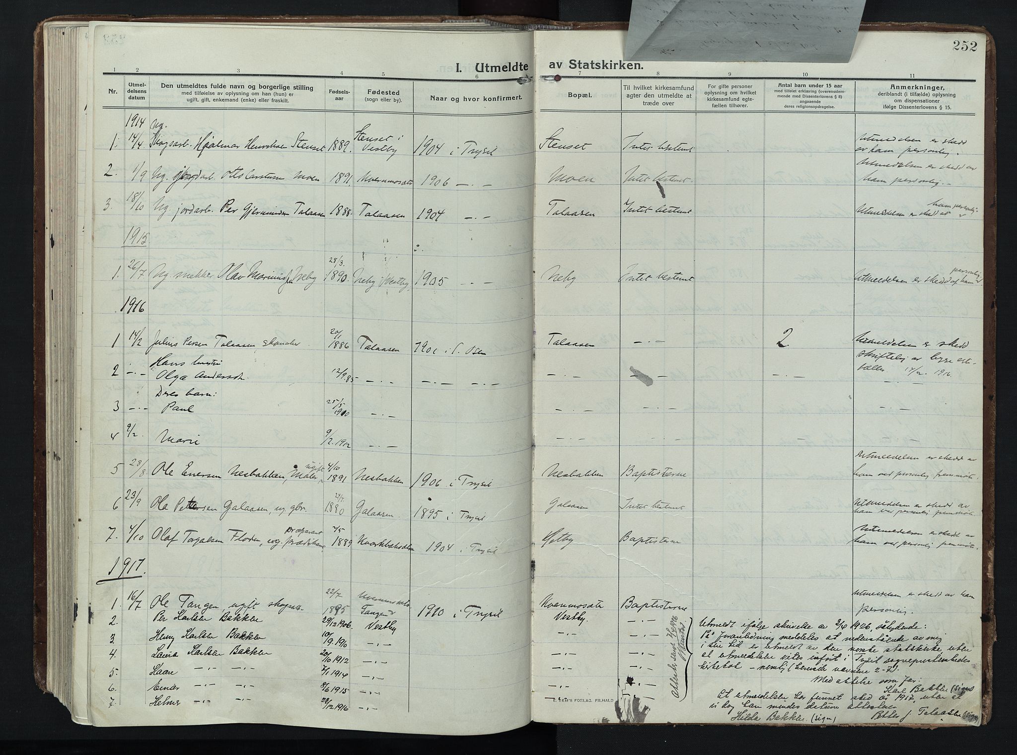 Trysil prestekontor, AV/SAH-PREST-046/H/Ha/Haa/L0014: Parish register (official) no. 14, 1912-1923, p. 252